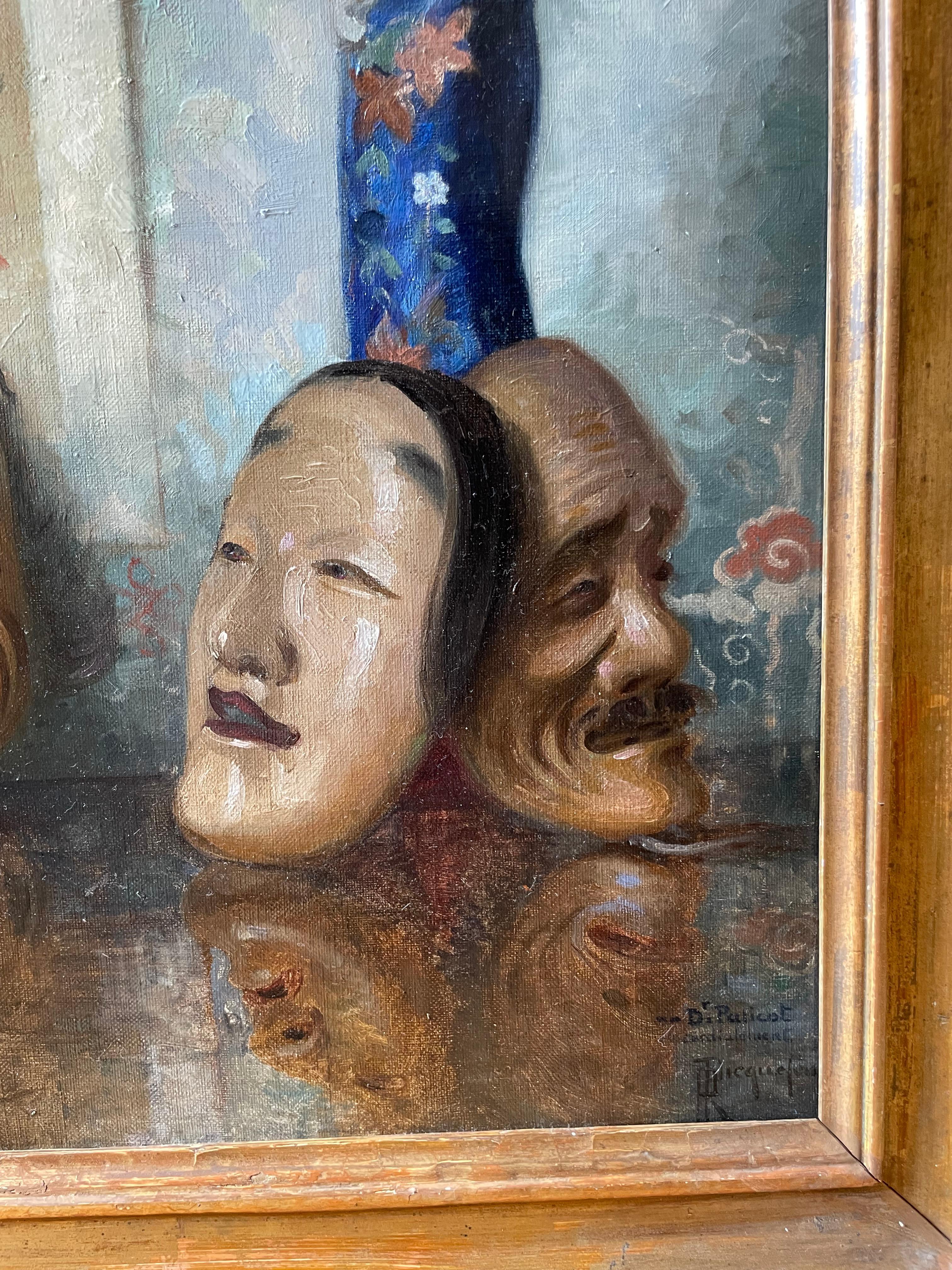 Bodegón con estampa japonesa (probablemente Utagawa Kunisada) y máscaras Noh en venta 2