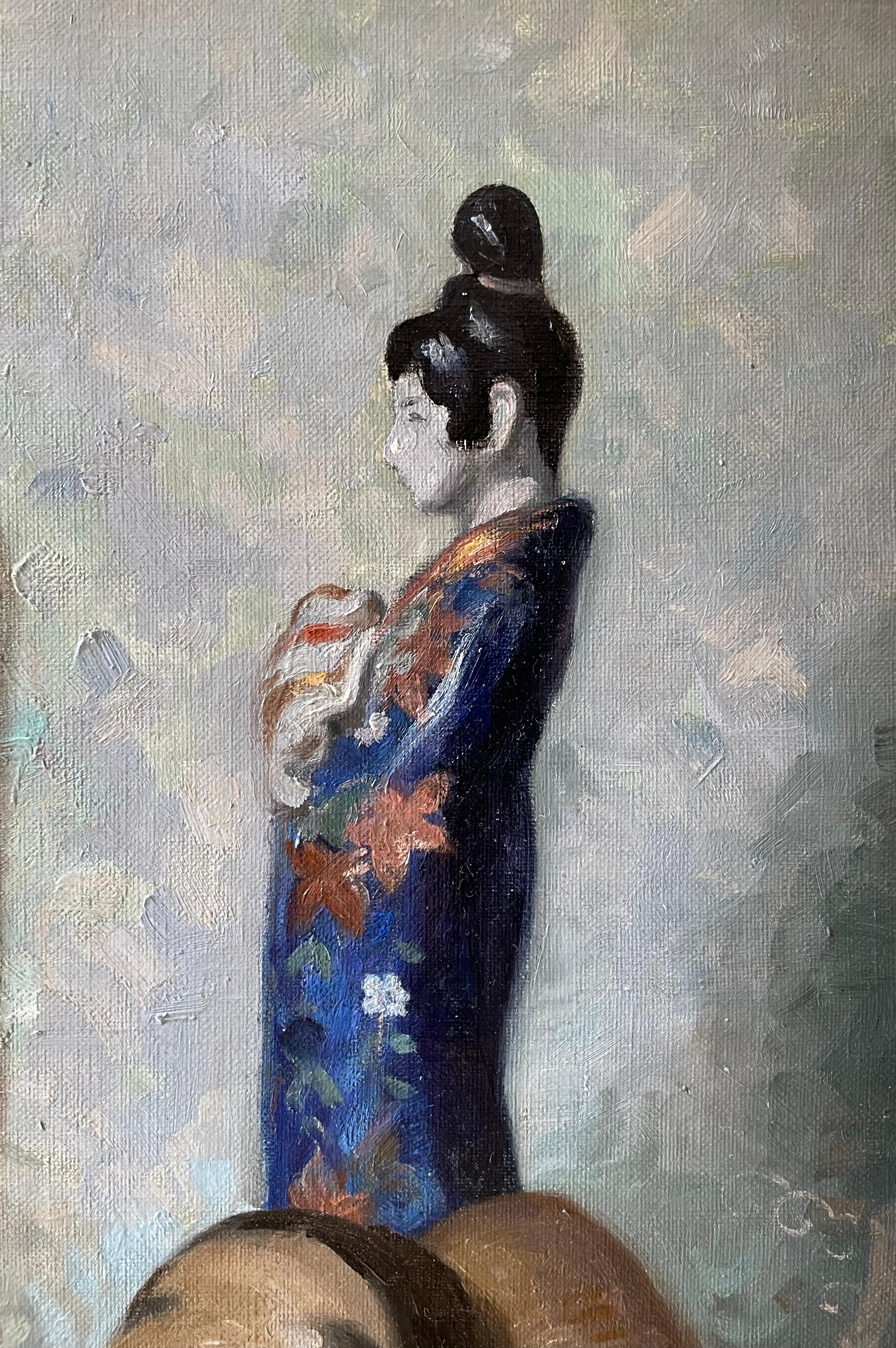 Bodegón con estampa japonesa (probablemente Utagawa Kunisada) y máscaras Noh en venta 3