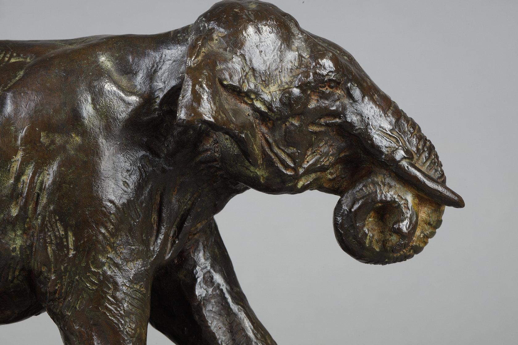 Elephant running with coiled trunk - Sculpture by Roger Godchaux