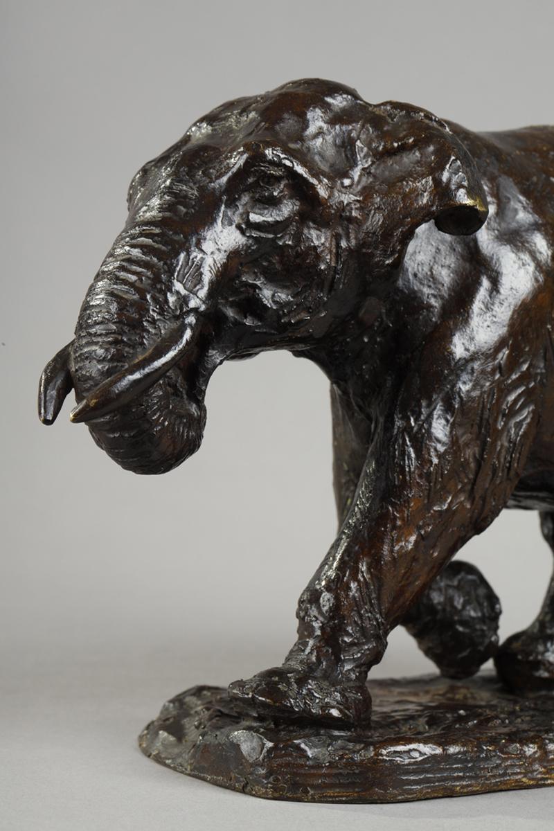 Elephant running with coiled trunk
Roger GODCHAUX (1878-1958)

Rare sculpture in bronze with a nuanced dark brown patina
cast by SUSSE

France
circa 1930
height 14,2 cm
length 24 cm
depth 10 cm

Biography :
Roger Godchaux (1878-1958) was a French