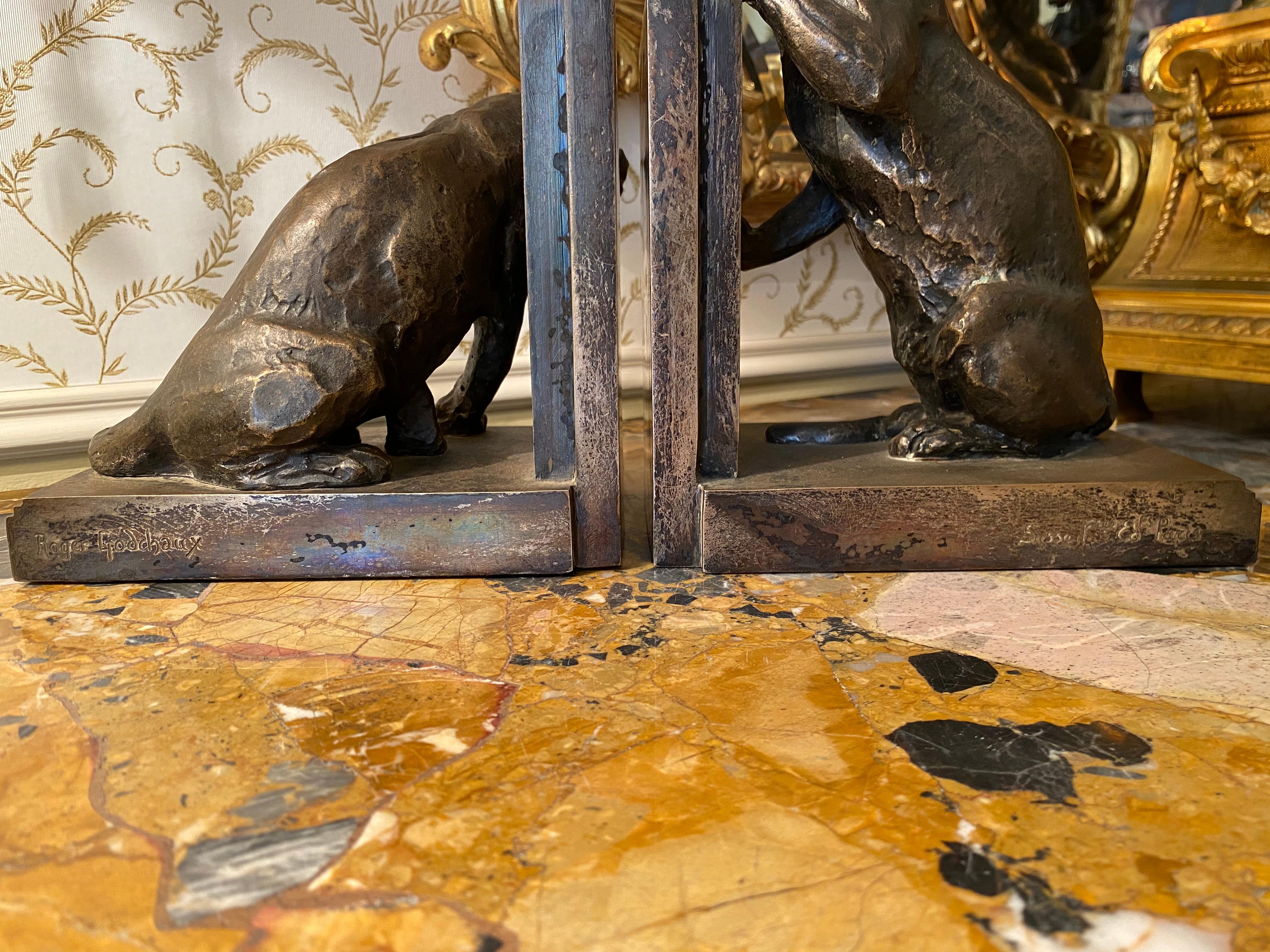 Roger Godchaux & Susse Frères, Pair of Silvered Bronze Bookends 