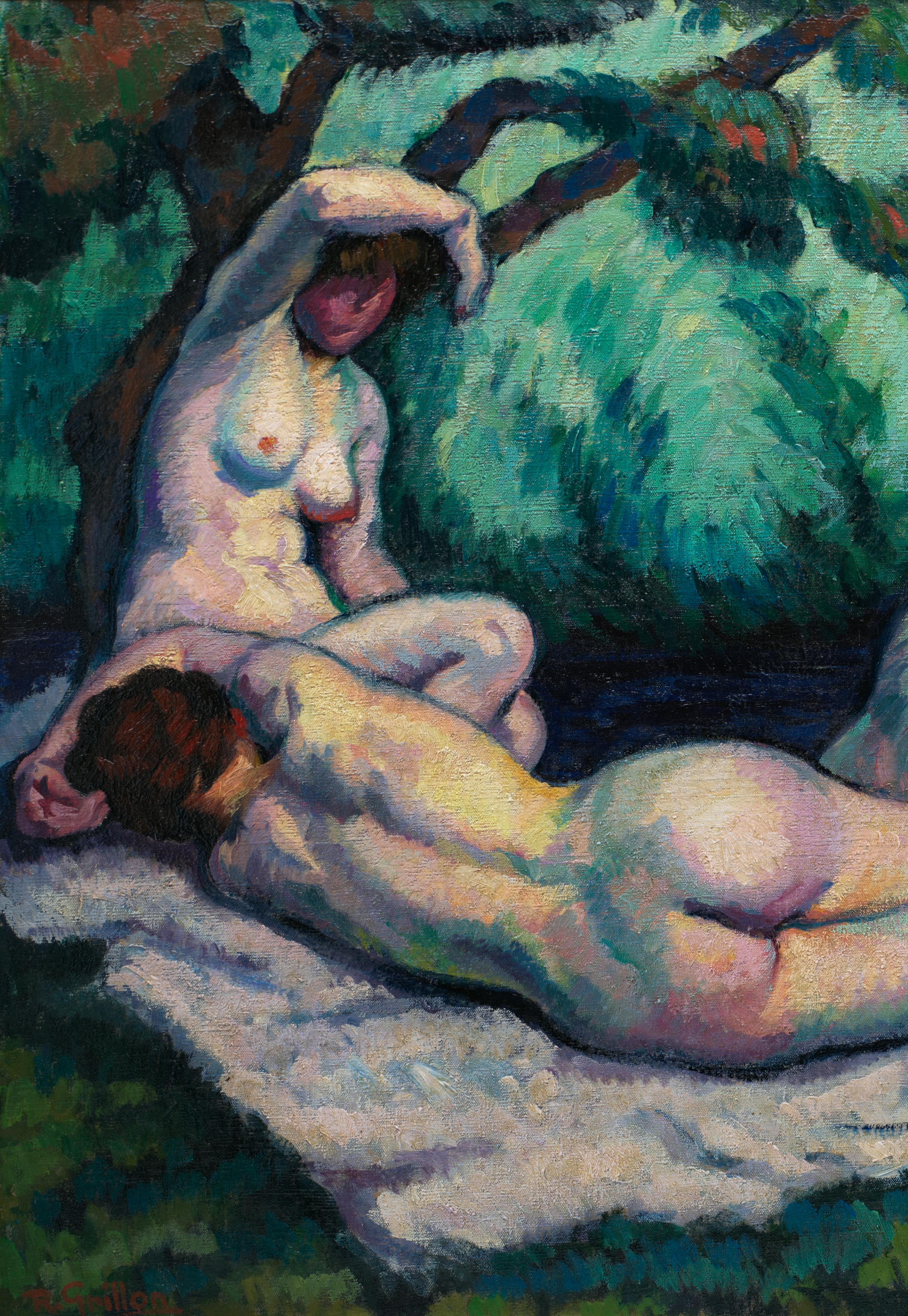 Baigneuses, huile sur toile, 1914 - Impressionnisme Painting par Roger Grillon