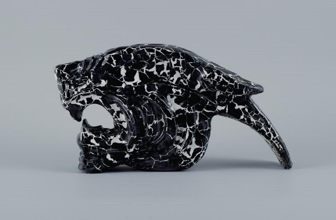 French Roger Guerin, Unique Sculpture in Black Glazed Ceramic, Tiger Head For Sale