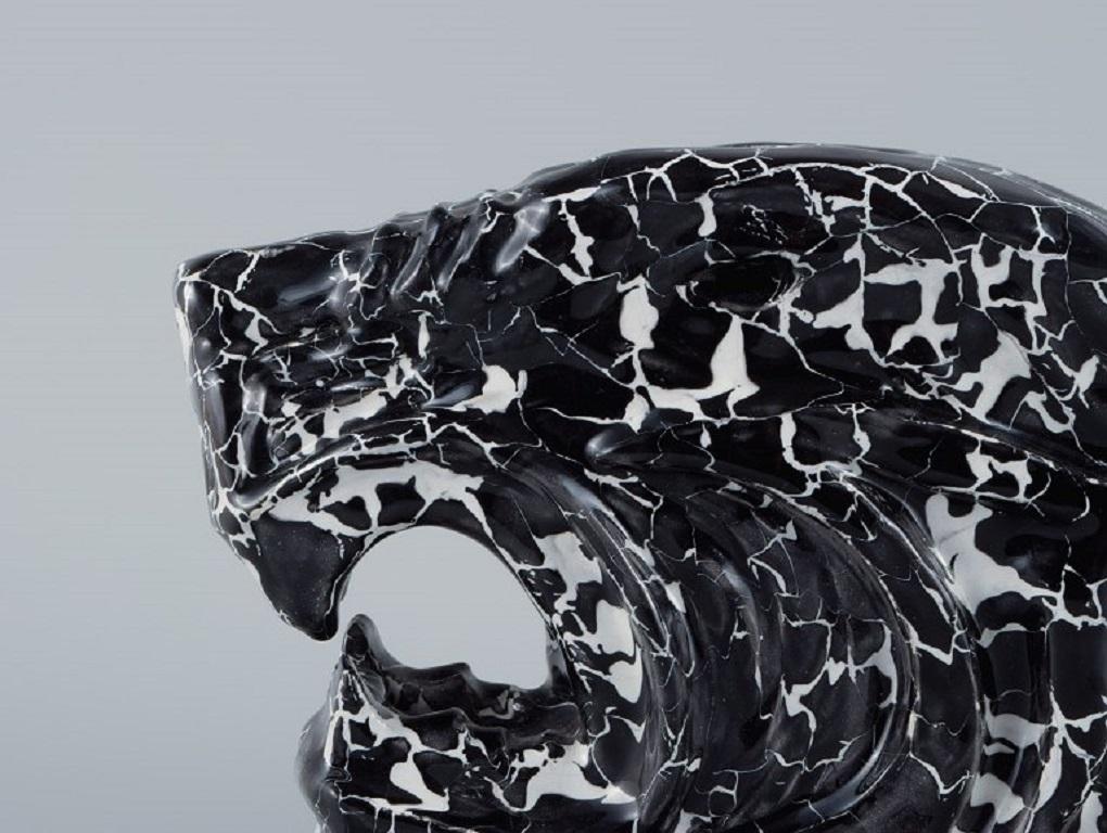 Roger Guerin, Unique Sculpture in Black Glazed Ceramic, Tiger Head In Good Condition For Sale In Copenhagen, DK