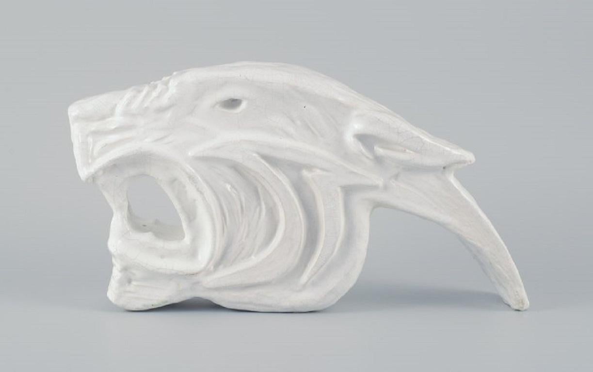 Roger Guerin Einzigartige Skulptur aus weiß glasierter Keramik, Tigerkopf (Glasiert) im Angebot