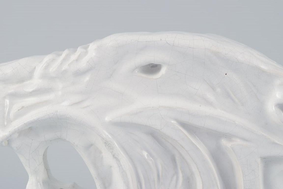 Mid-20th Century Roger Guerin Unique Sculpture in White Glazed Ceramic, Tiger Head For Sale