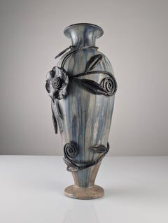 Roger Guérin Jarrón belga Art Déco de gres y hierro forjado Años 30