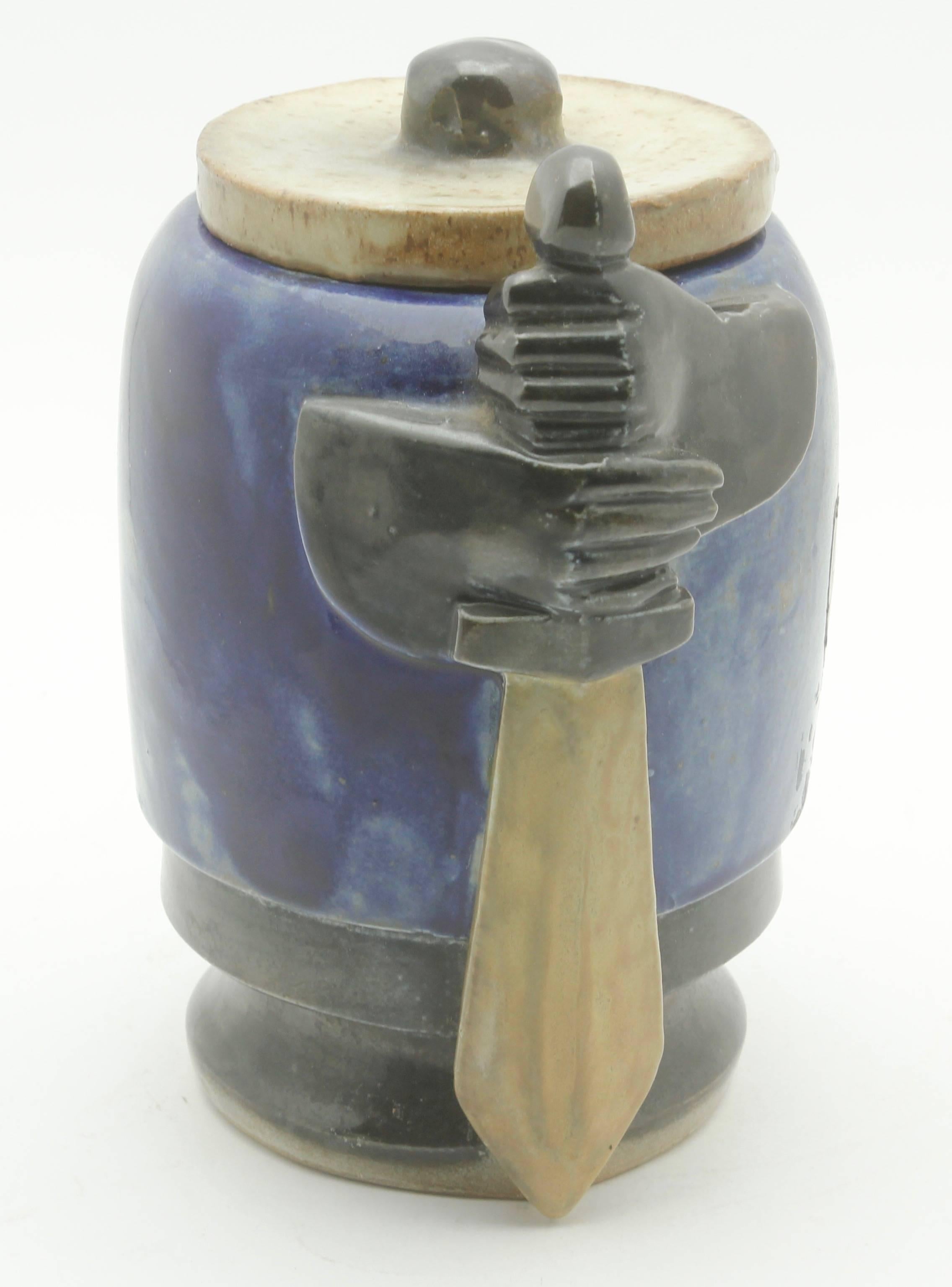 Art déco Pot en poterie d'art belge Bouffioulx avec couvercle, Roger Guerin, 1927, signé en vente