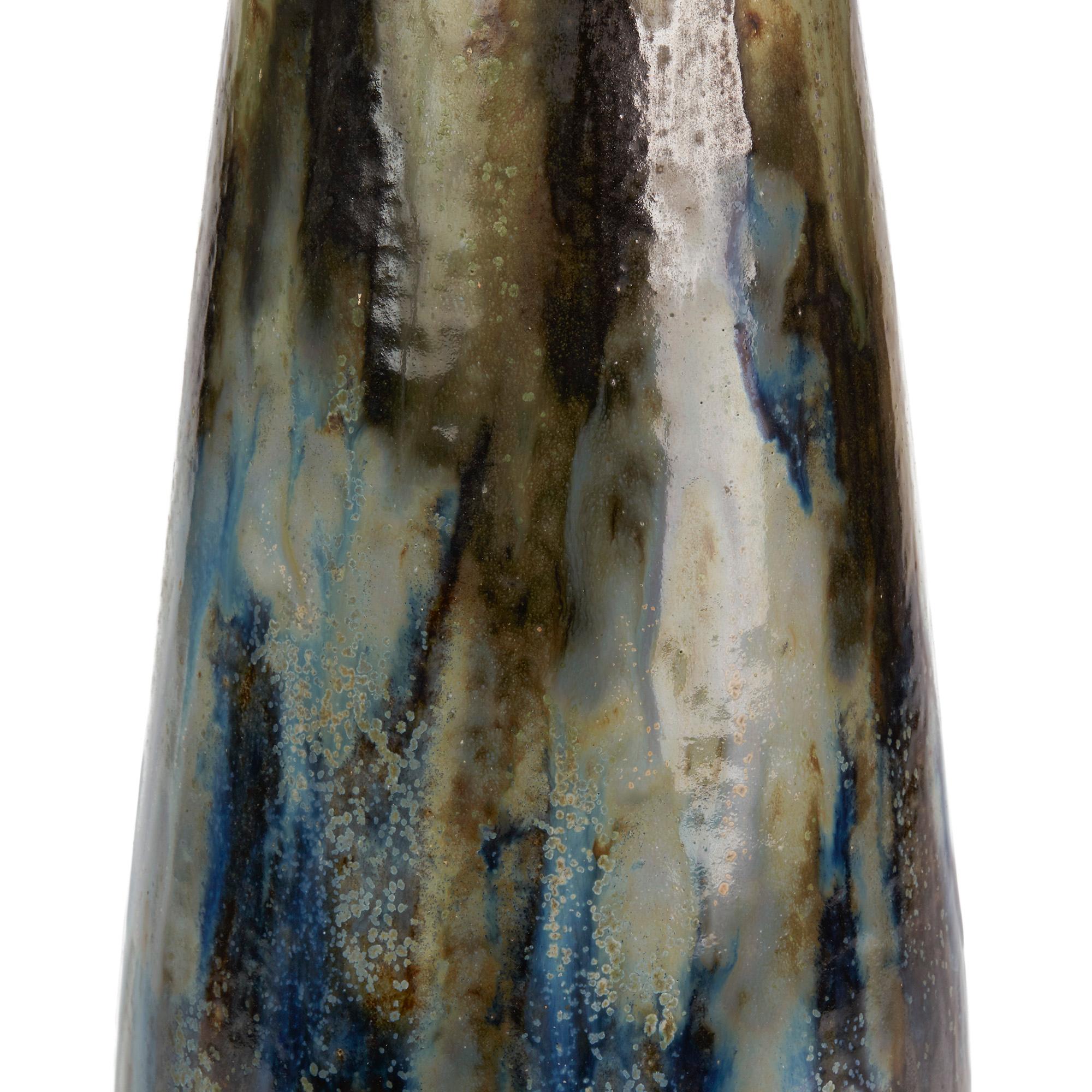 Art Deco Roger Guérin Bouffioulx Exquisitely Glazed Tall Stoneware Art Vase, circa 1930 For Sale