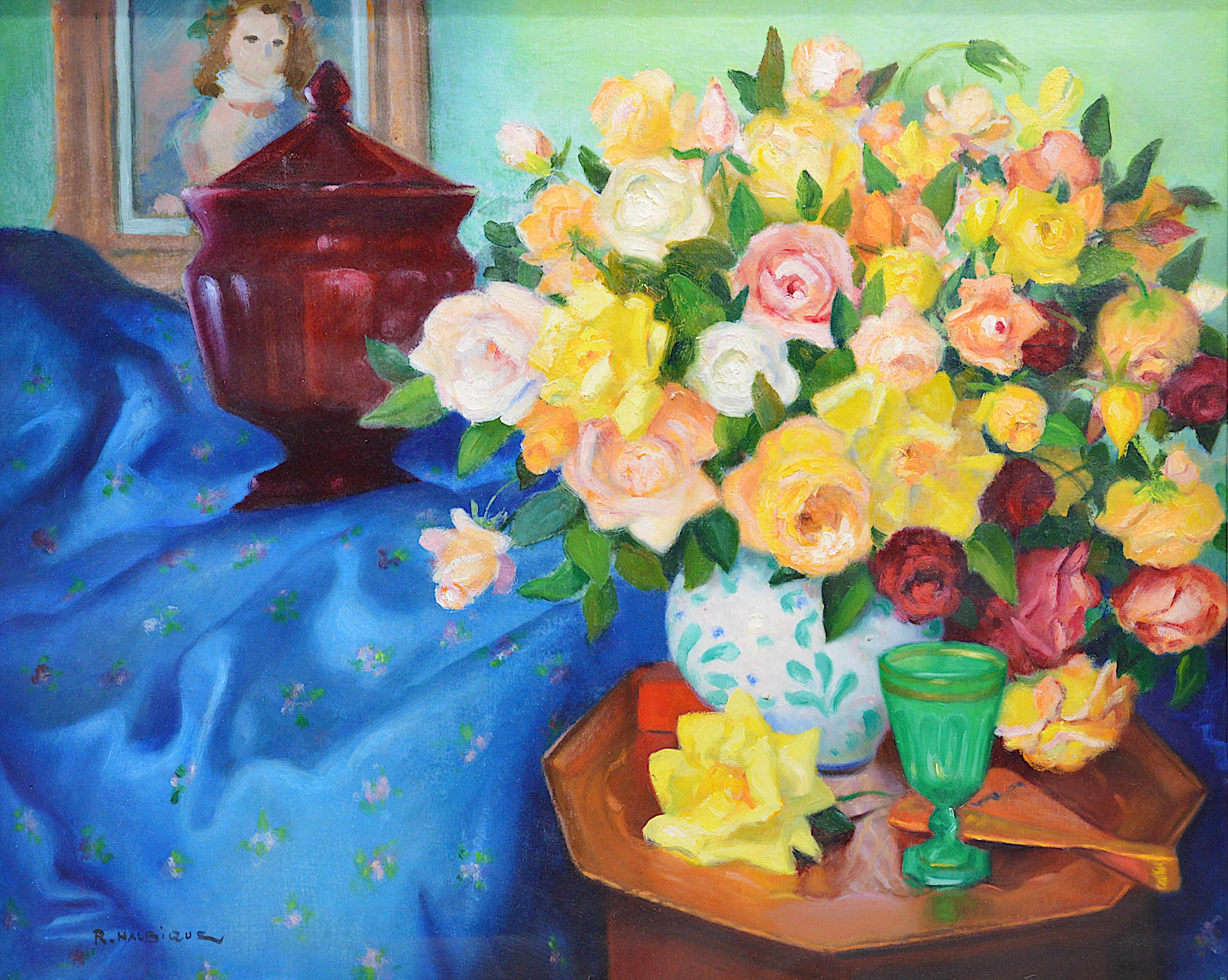 Roger Halbique, huile sur toile, nature morte avec roses, années 1950 en vente 1