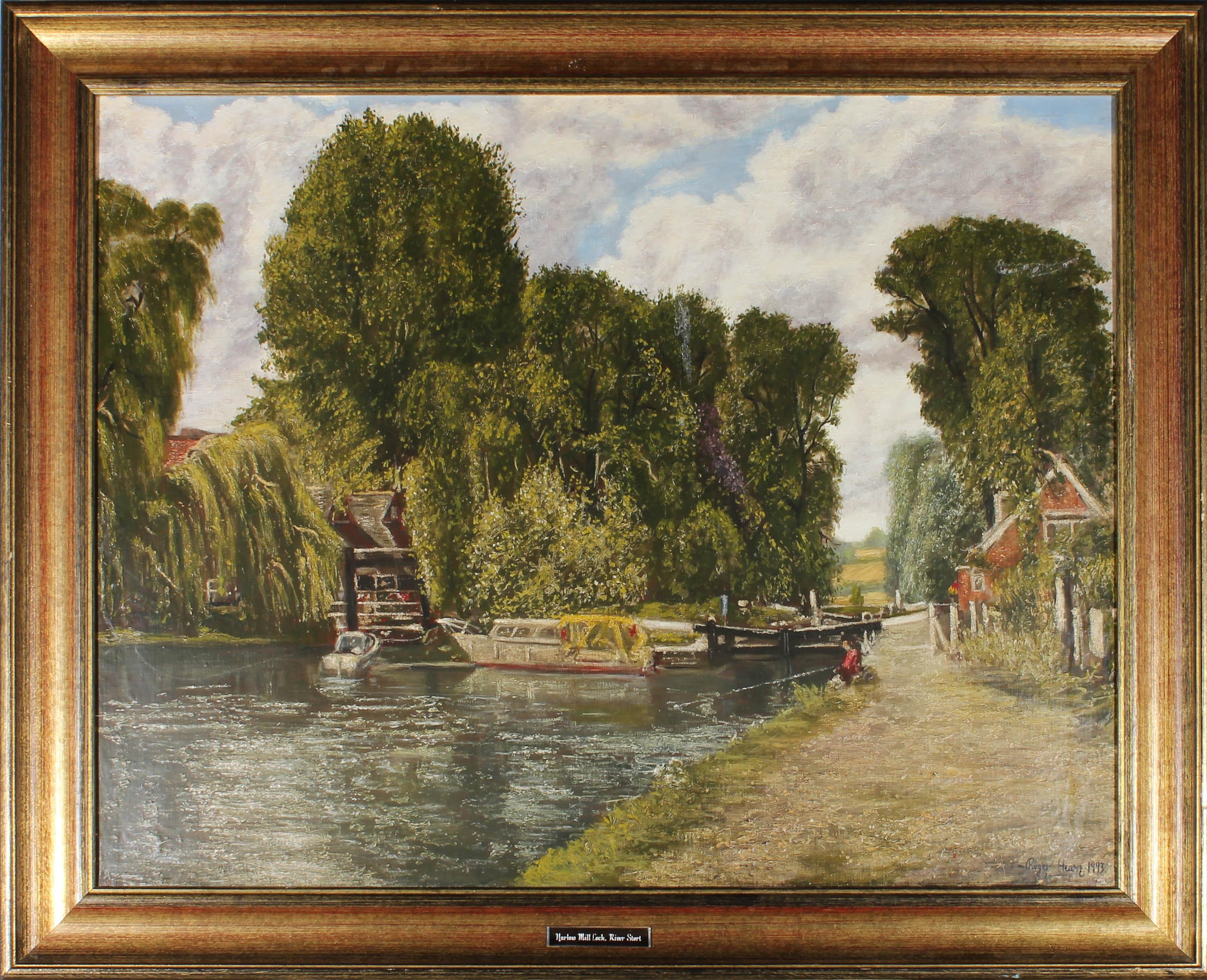 A fine 20th Century landscape of impressive size, showing the Harlow Mill Lock on the river Stort. The artist has signed and dated to the lower right corner and the painting has been impressively presented in a brushed gilt frame. There is an