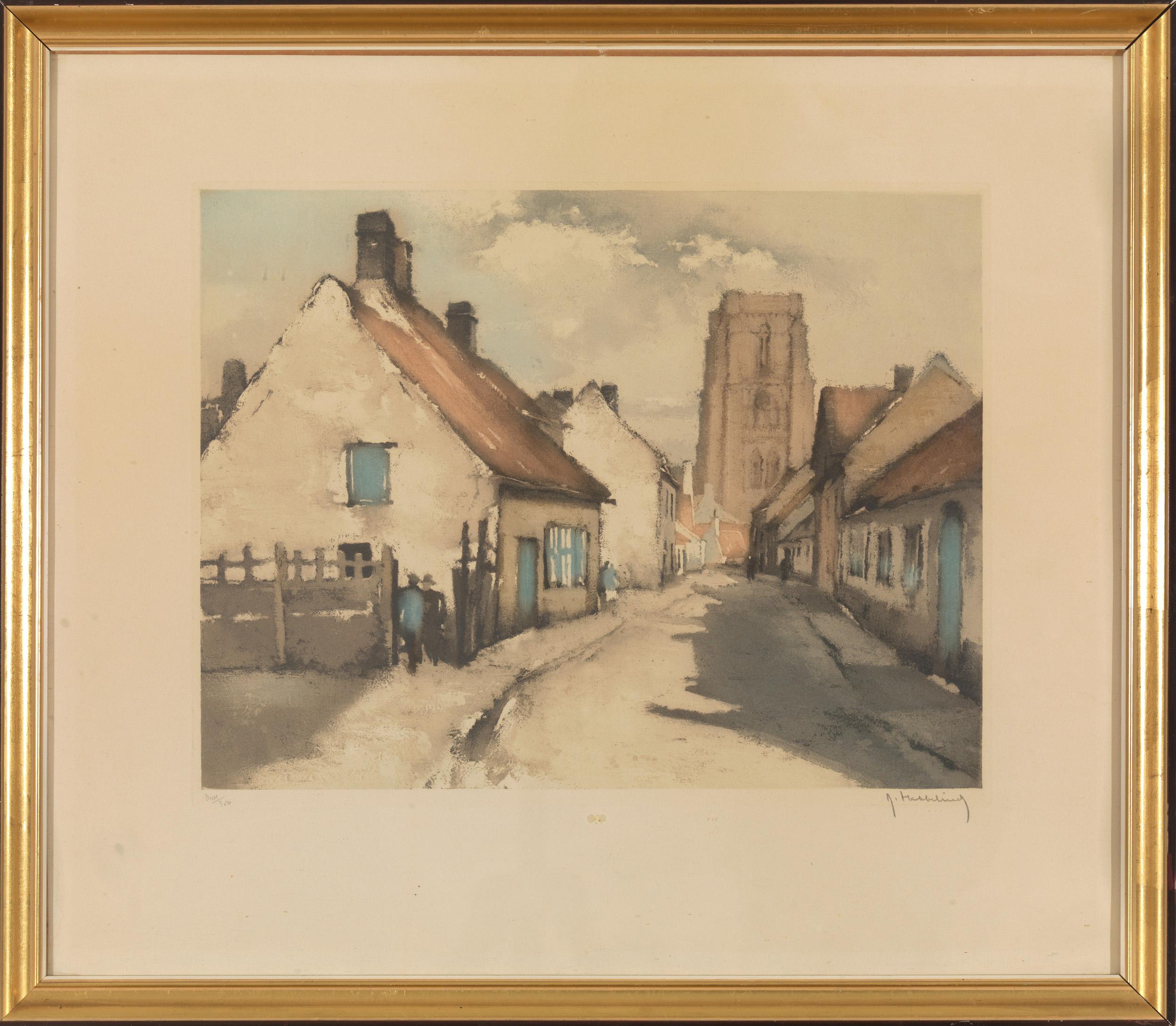 Belge Roger Hebbelinck, Vue de la ville de Mechelen, Lithographie