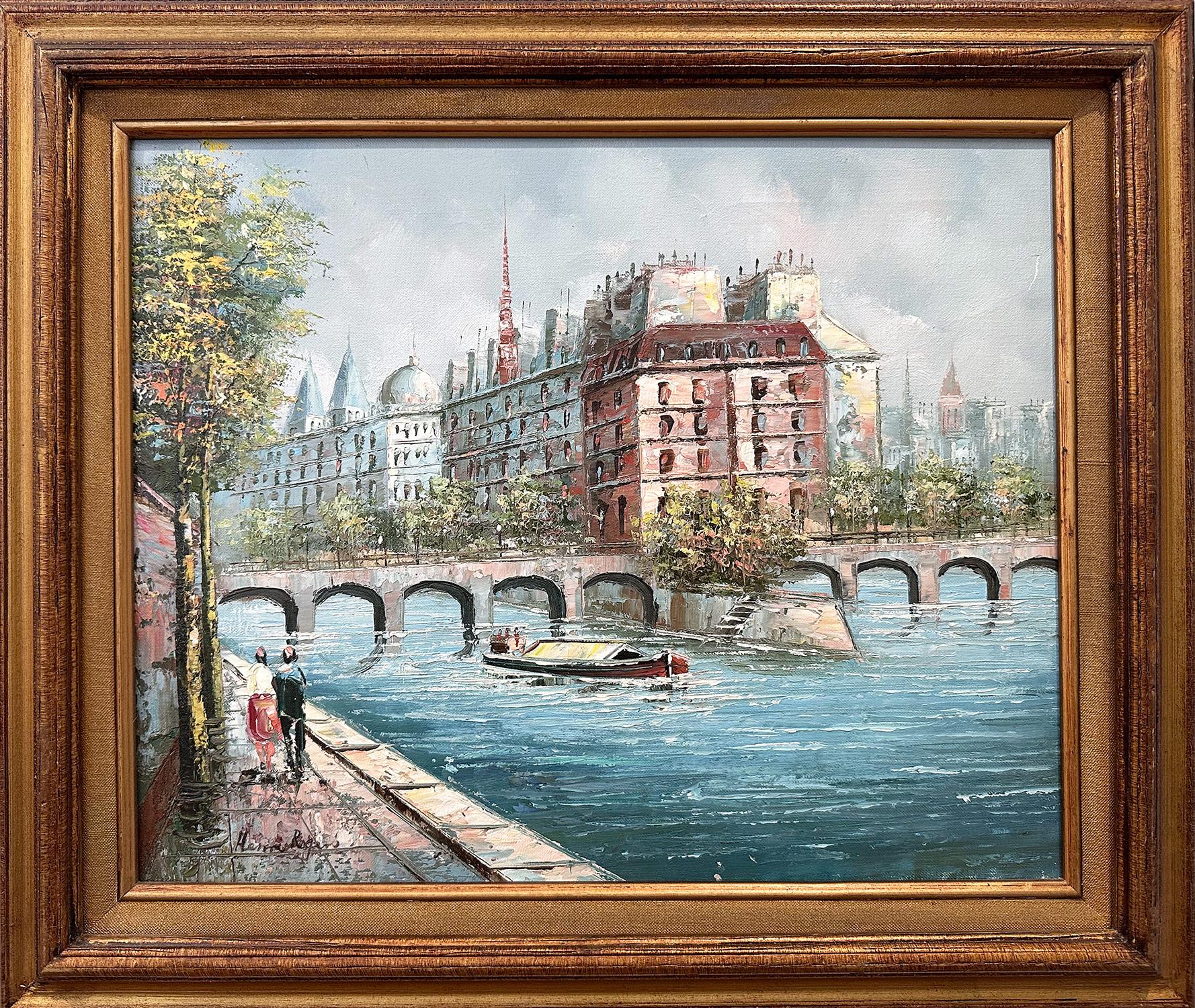 Roger Henry Landscape Painting - "Along the Seine" Parisian Street Post-Impressionist Oil Painting Canvas 