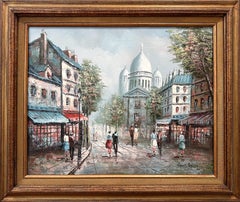 Peinture à l'huile post-impressionniste sur toile - Scène de rue parisienne " Place Du Tertre " 