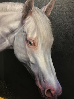 Striking large white horse on black background photoreal portrait 30 x 40