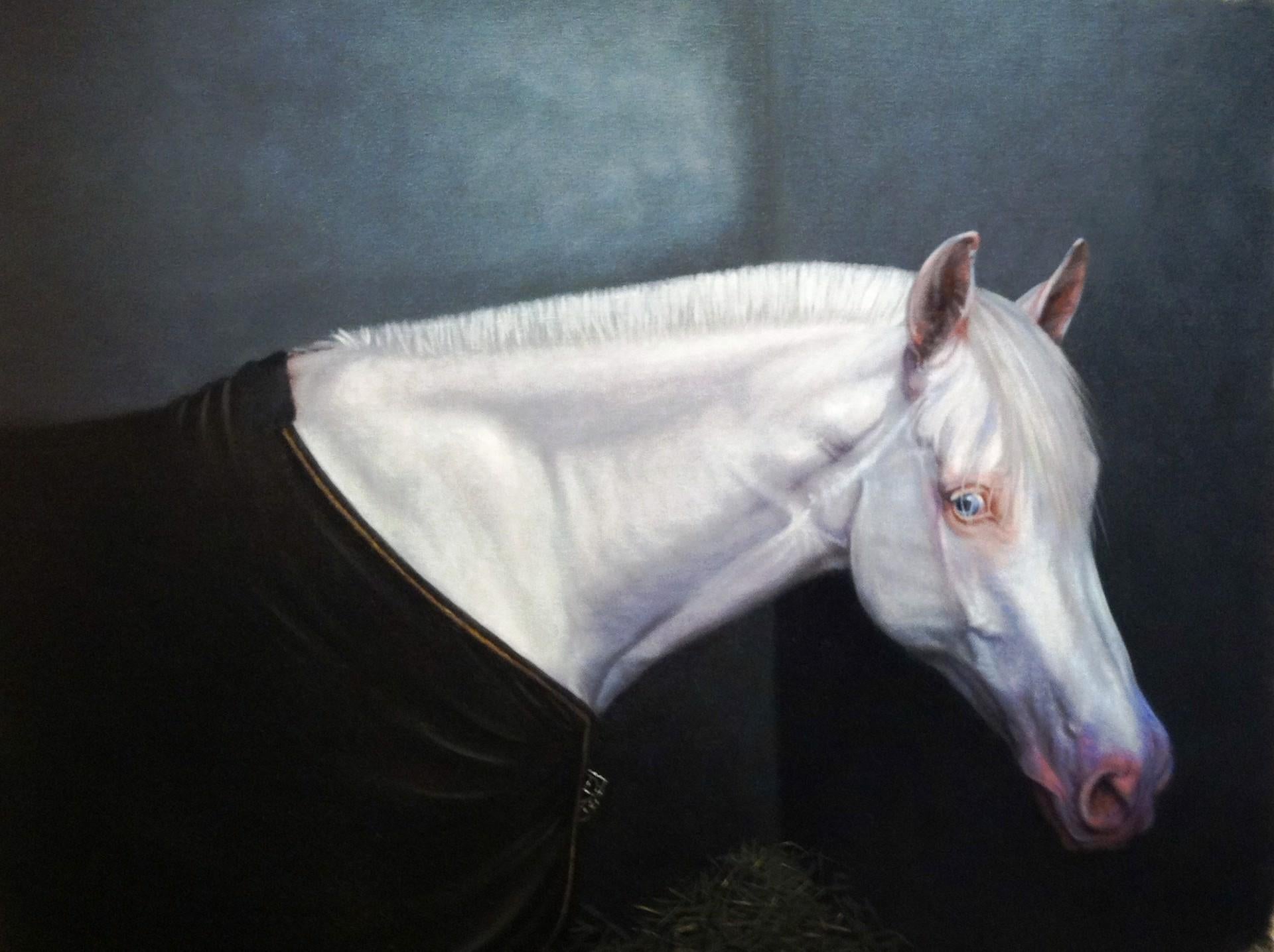 Roger Henry Portrait Painting - Striking large white horse on black background photoreal portrait 30 x 40 