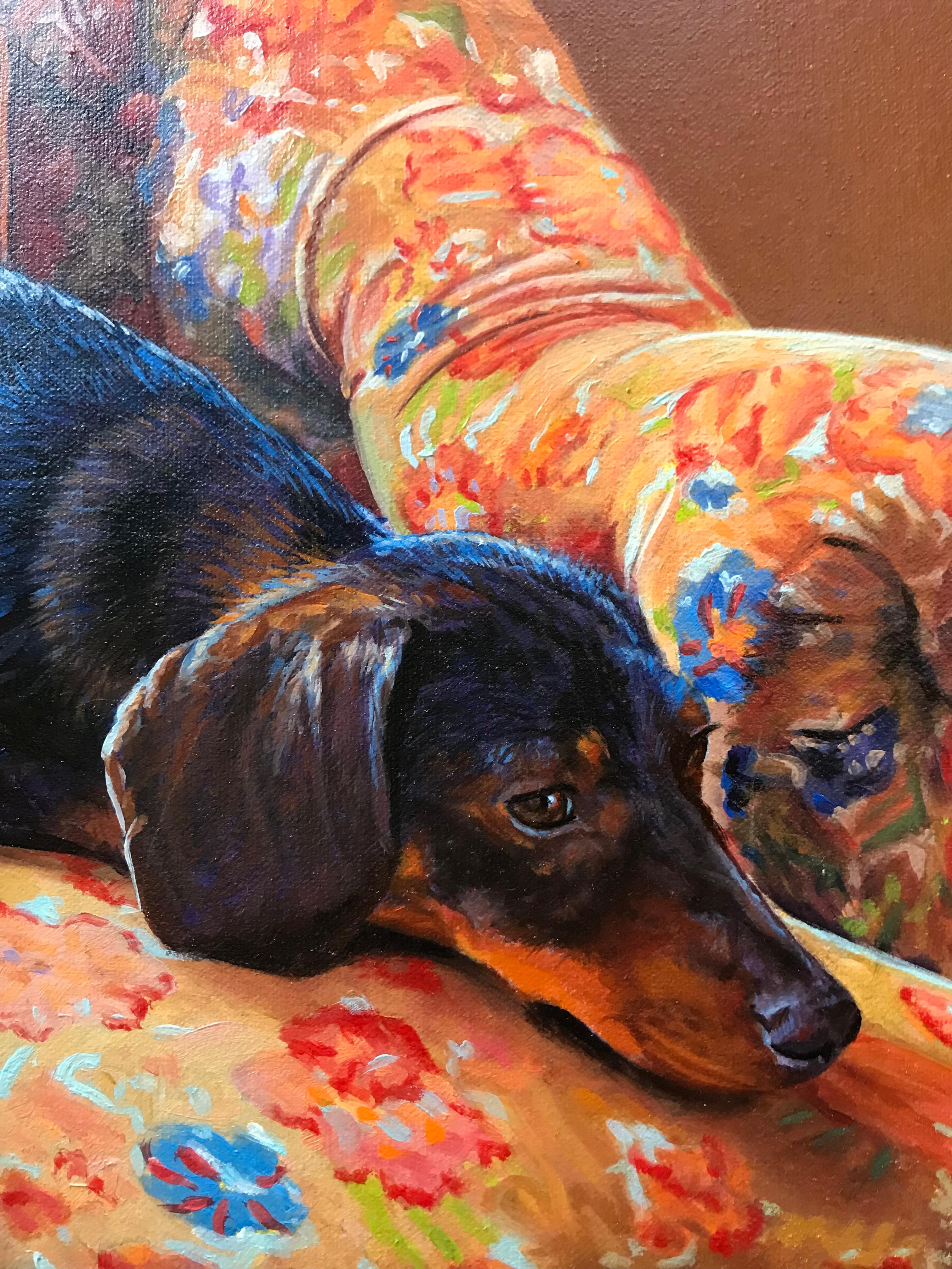 Vivid Dachshund realist painting on blue and yellow chair by animal portraitist - Painting by Roger Henry