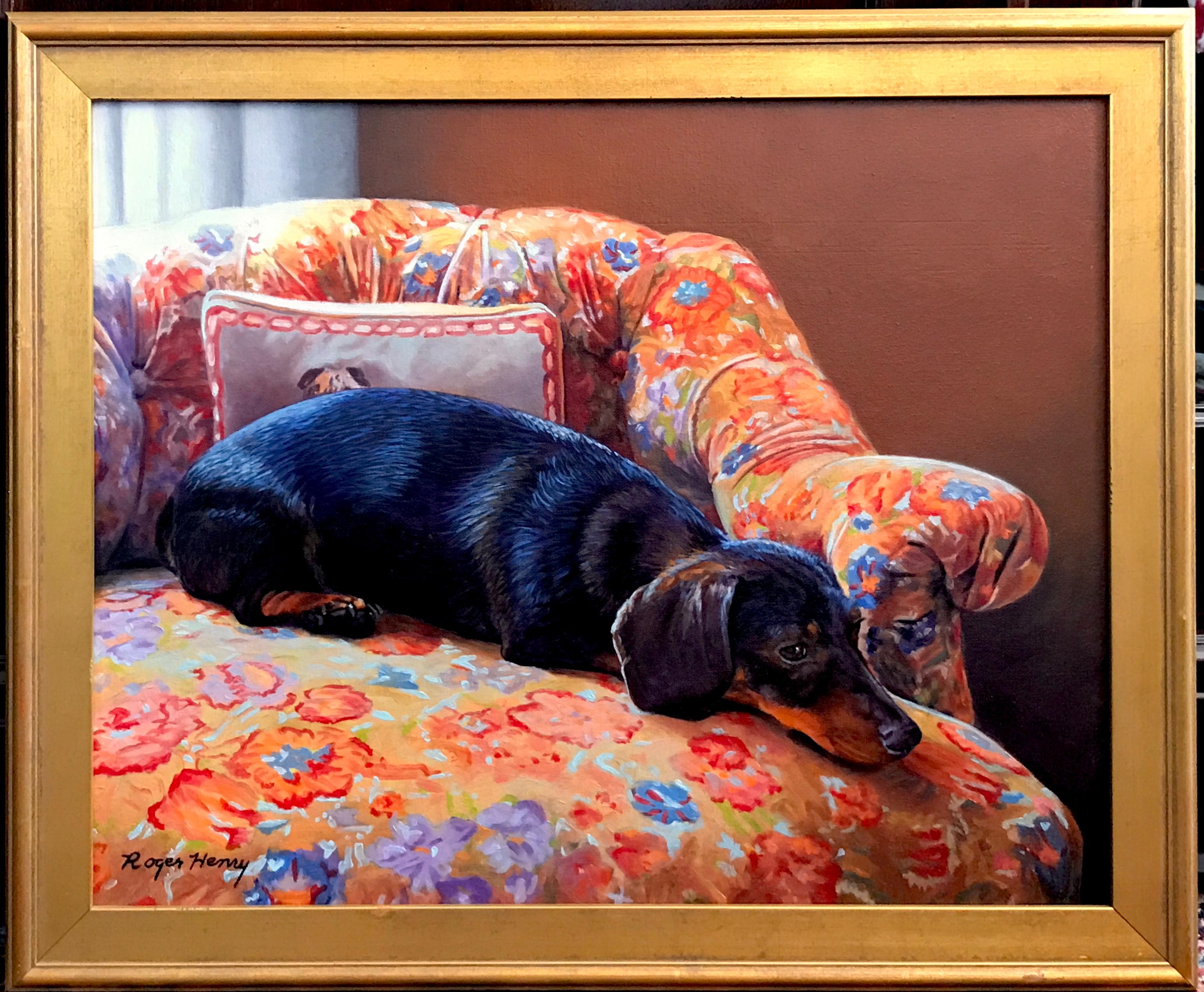 Vivid Dachshund realist painting on blue and yellow chair by animal portraitist - Realist Painting by Roger Henry
