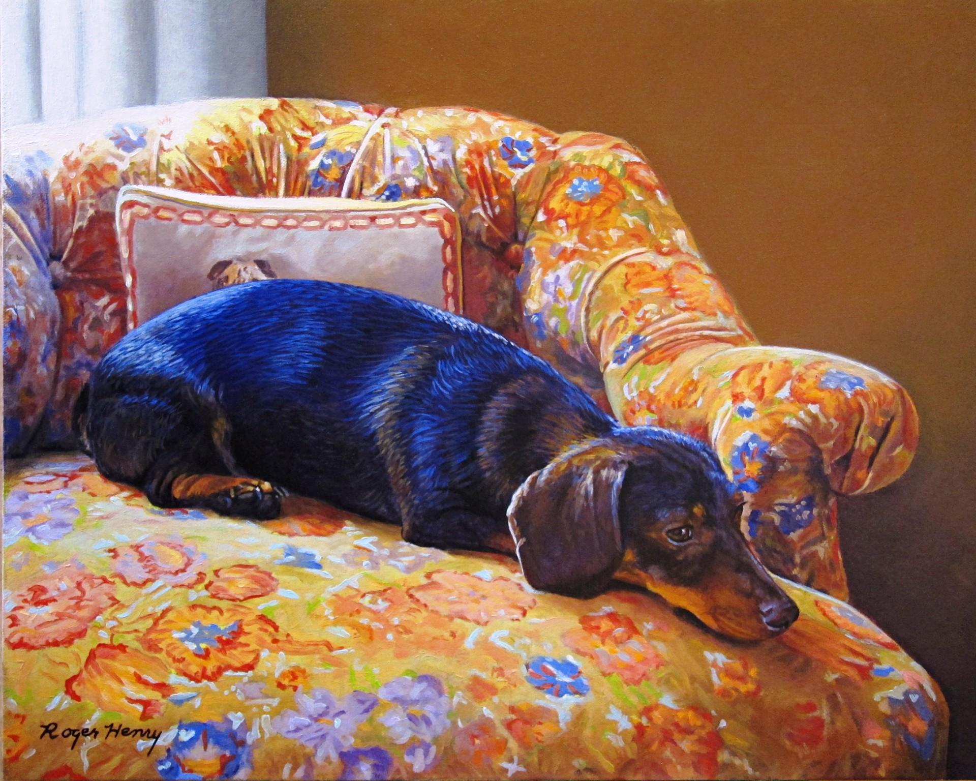 Vivid Dachshund realistisches Gemälde auf blauem und gelbem Stuhl des Tierporträtisten