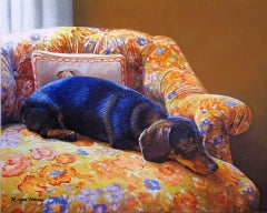 Peinture réaliste Vivid Dachshund sur chaise bleue et jaune par portraitiste animalier