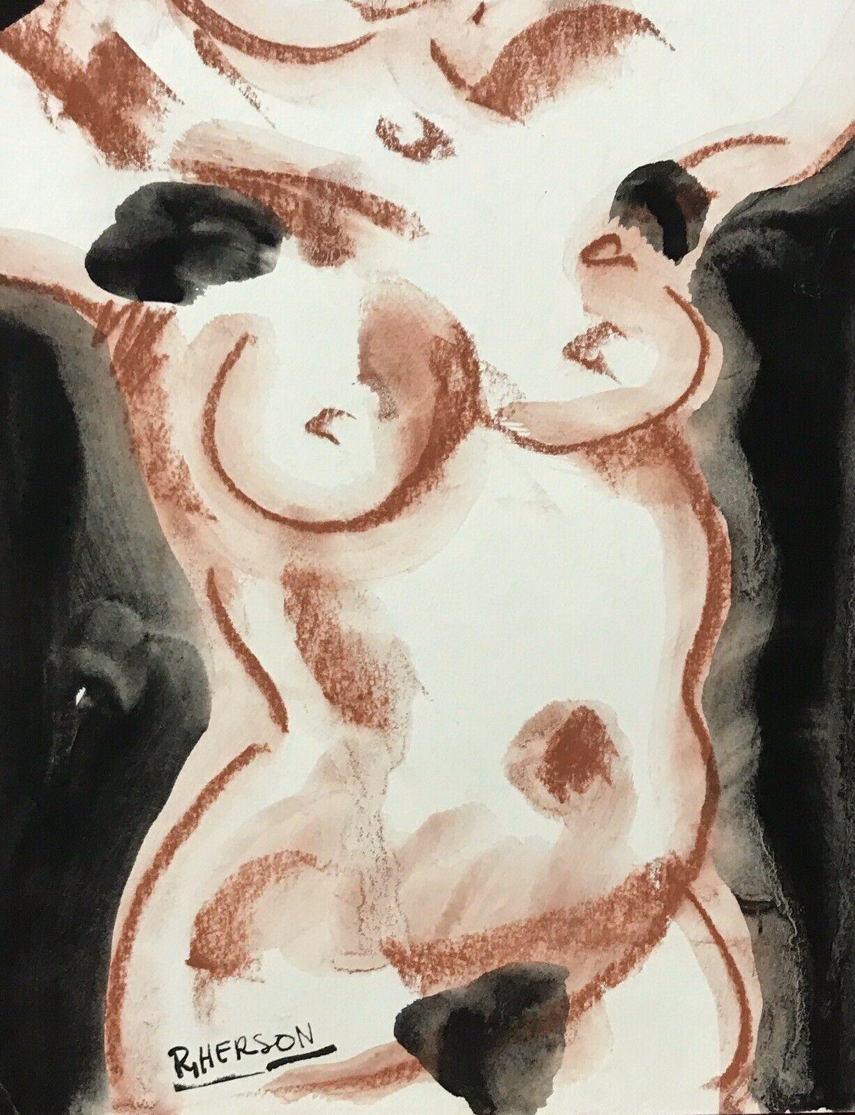 ROGER HERSON (1922-2008) SIGNED FRENCH ABSTRACT PAINTING - NUDE LADY MODEL - Beige Abstract Painting by Roger Herson