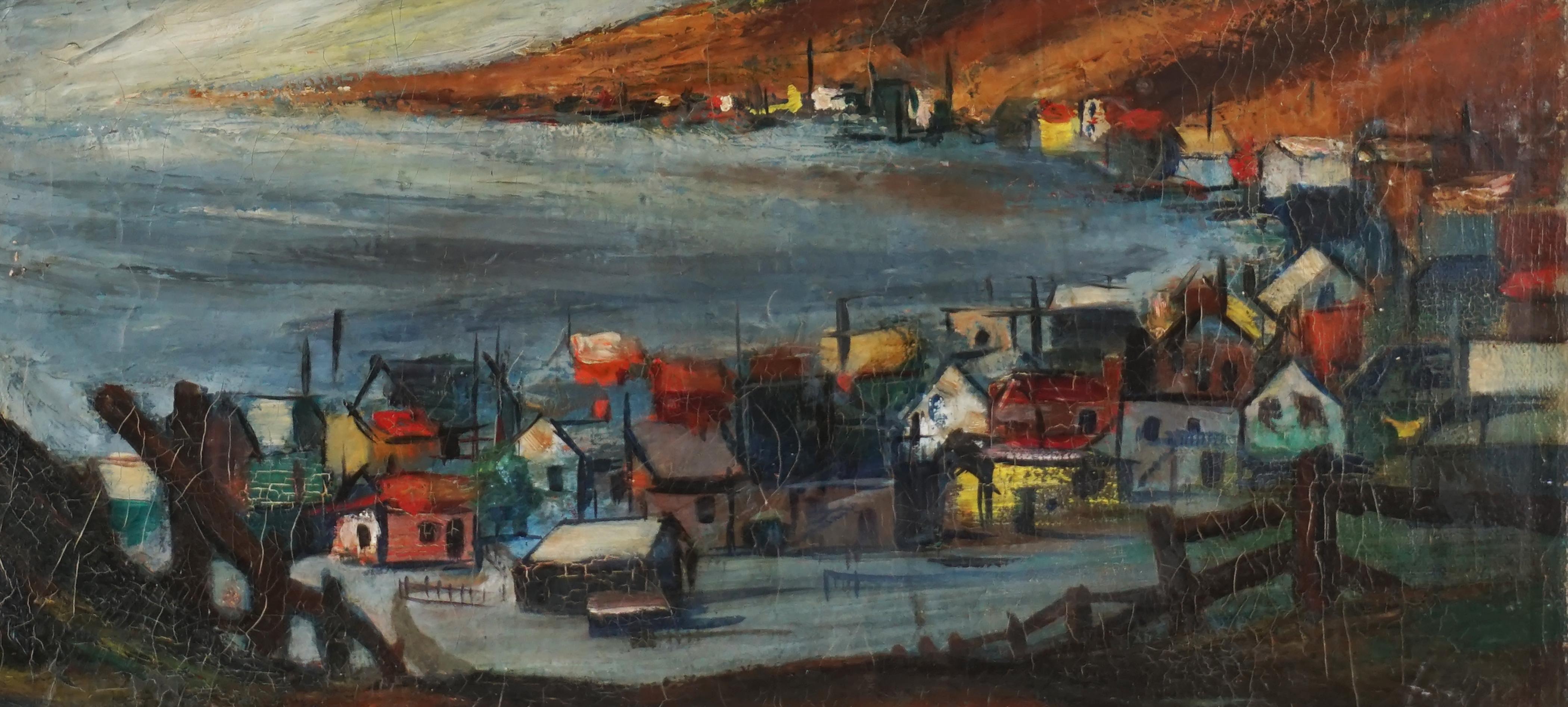 China Camp Fishing Village - San Rafael California - Abstract Impressionist
Wonderfully vivid nocturnal of coastal town by Roger Holt (American 1905-1979). Signed faintly lower right (see enhanced image of signature). Condition: good; professionally