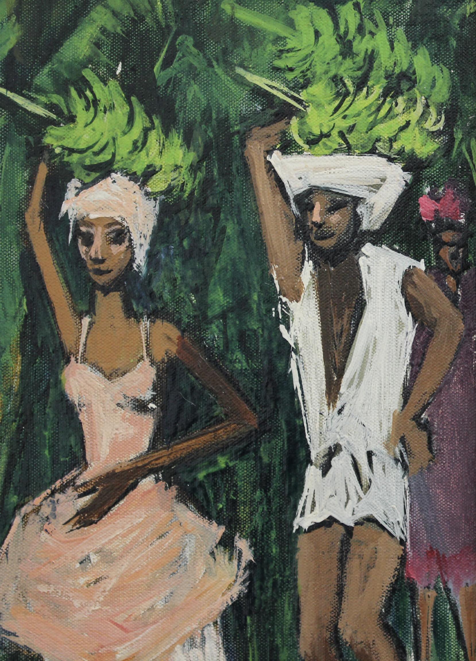 'The Banana Plantation Guadeloupe', oil on canvas, by Robert Humblot (1959). In 1959, when the artist visited French Guadeloupe, he painted several colourful pieces depicting workers on the island which were later used in the Maison Nicolas annual