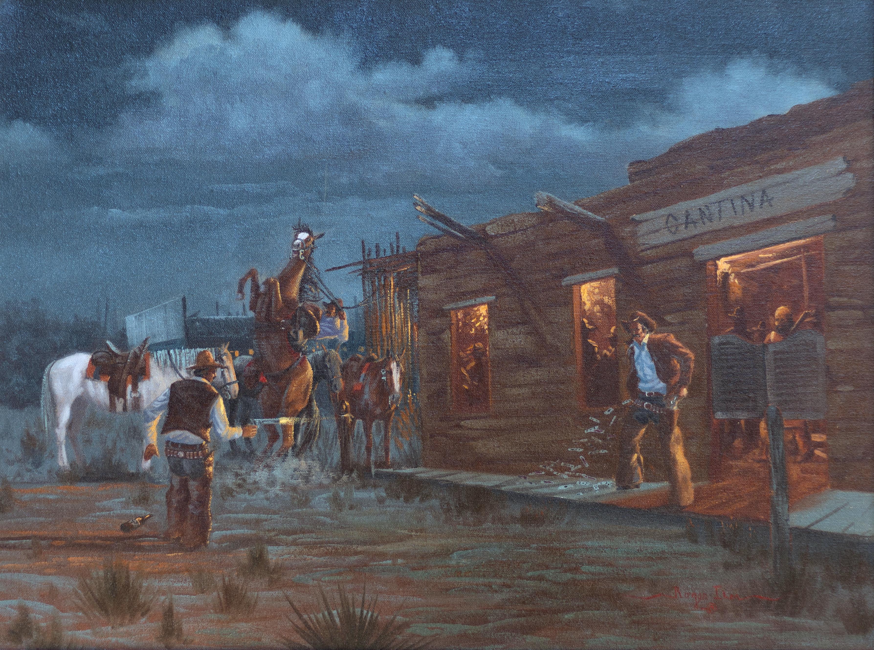 Roger Iker Figurative Painting - "Cantina Gunfight" Western Romanticist Cowboy Scene
