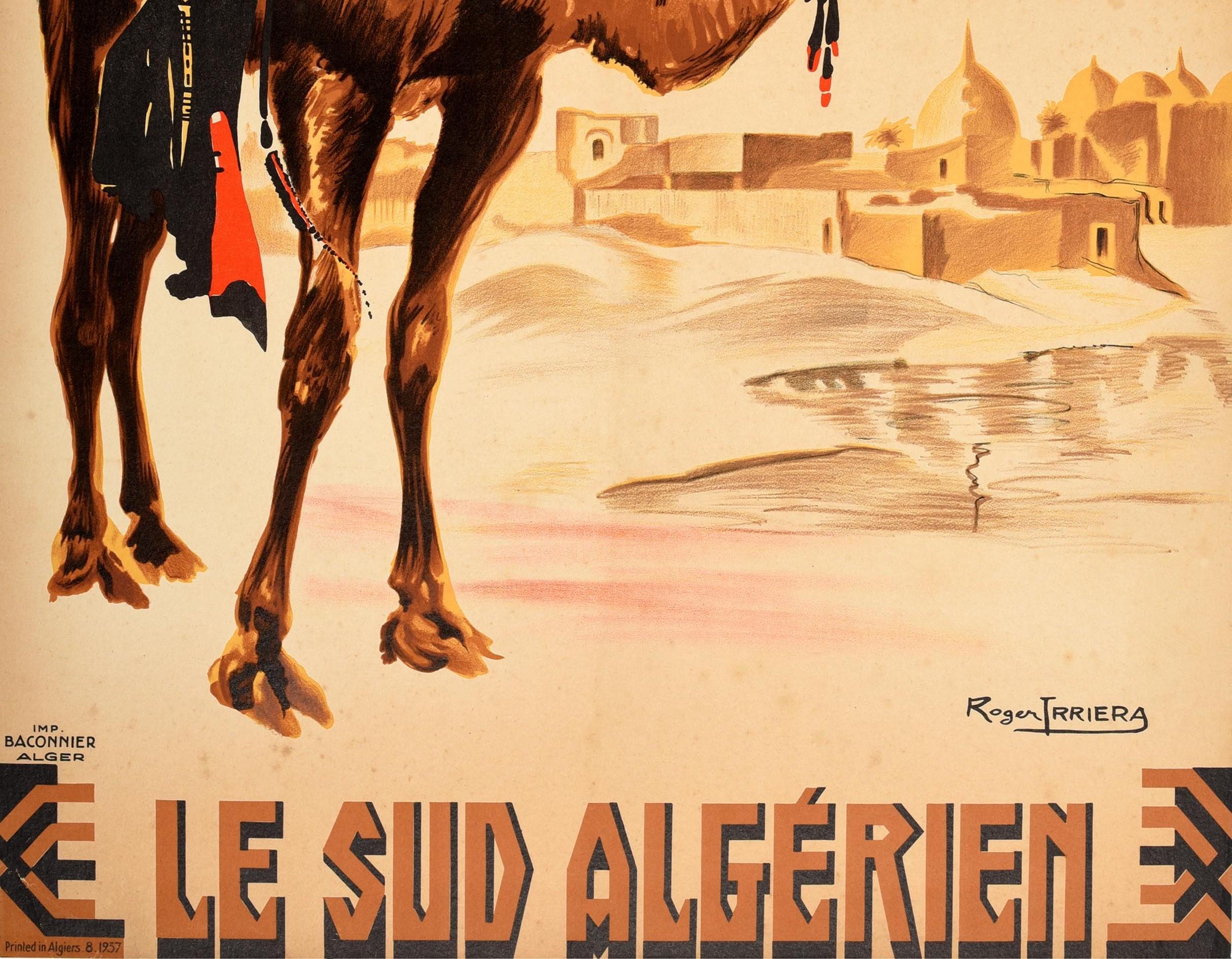 Poster di viaggio ferroviario originale d'epoca Il sud algerino Camel Art Algeria Africa - Print Arancia di Roger Irriera