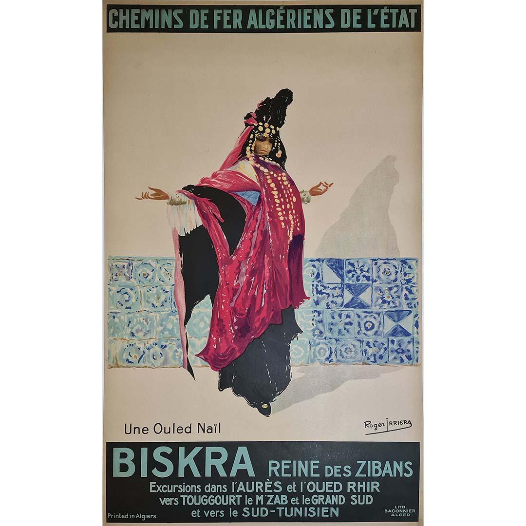 Roger Irriera's vintage travel poster for the Chemins de fer Algériens de l'État, highlighting Biskra as the "queen of Zibans," is a captivating portal to a bygone era of North African adventure.

This artwork is a visual masterpiece, transporting