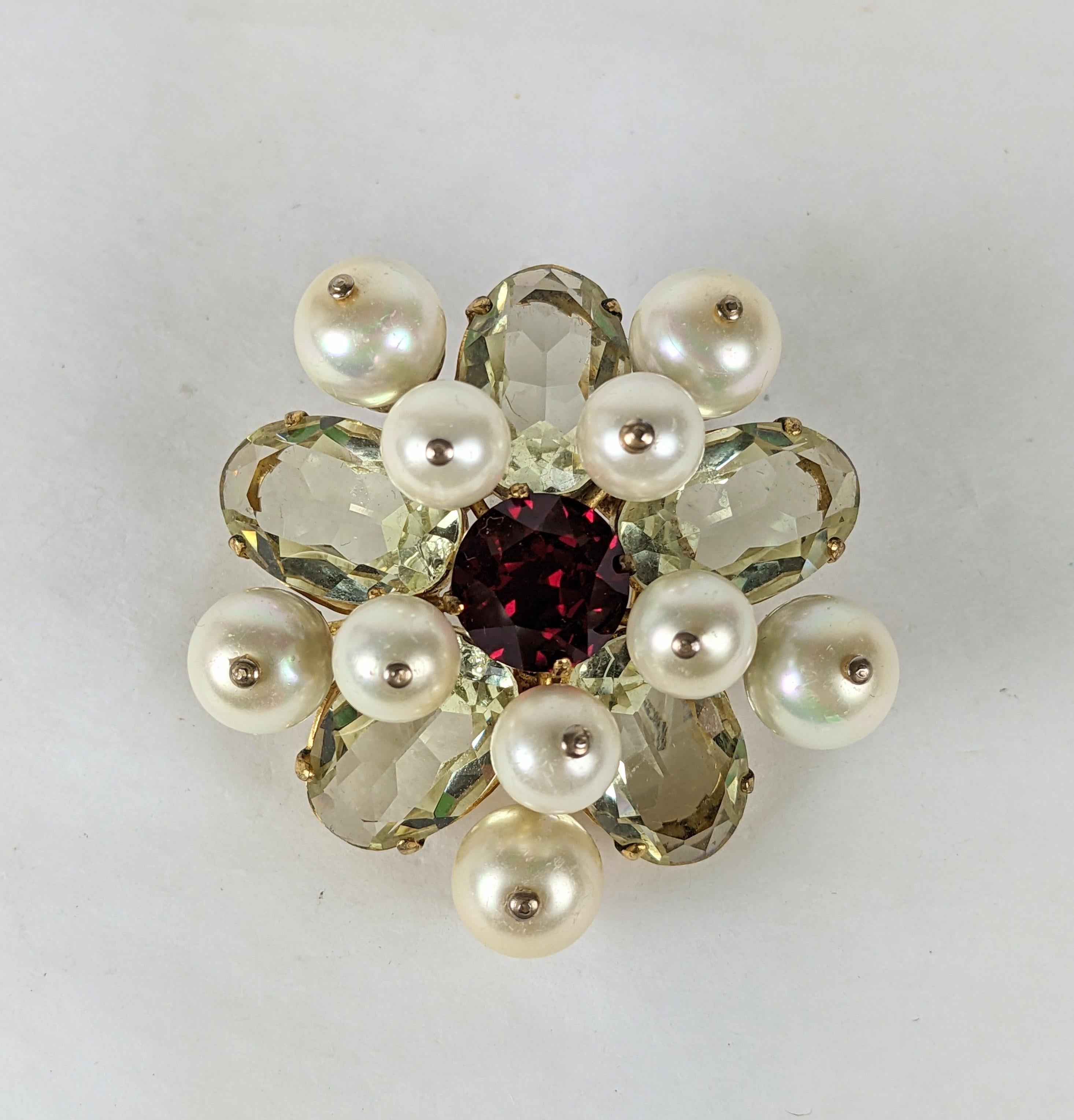 Roger Jean Pierre, for Christian Dior,  Gripoix  pegged glass pearl, lemon citrine quartz and faux ruby crest  brooch, set in gilt plated metal. This brooch is unsigned, although the structure of its metal work is consistent with that of other