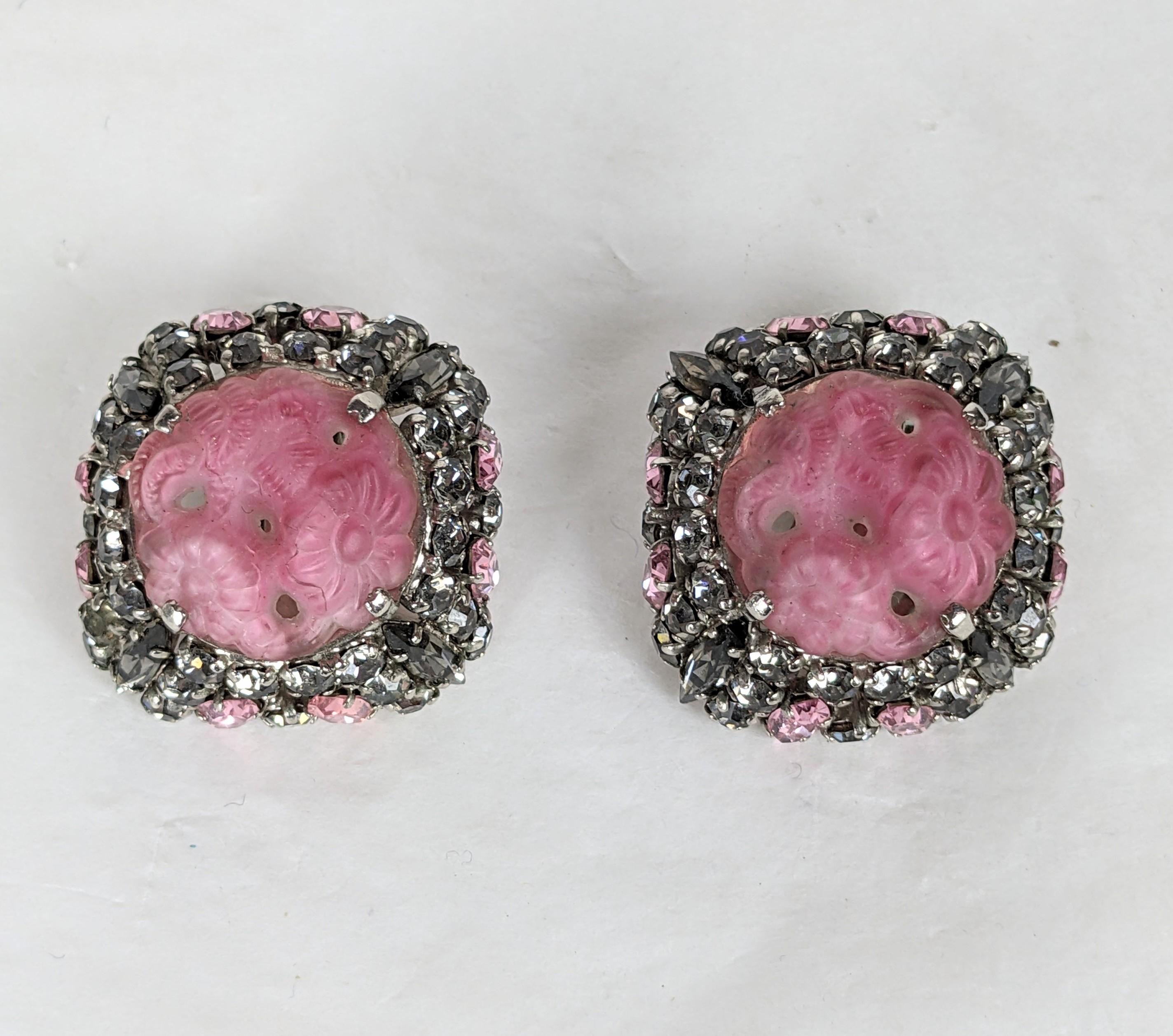 Amazing French Roger Jean Pierre Molded Pate de Verre Earring with smoke and pink navette and round crystals. Molded pate de verre centers in mottled pink florals. 1.2