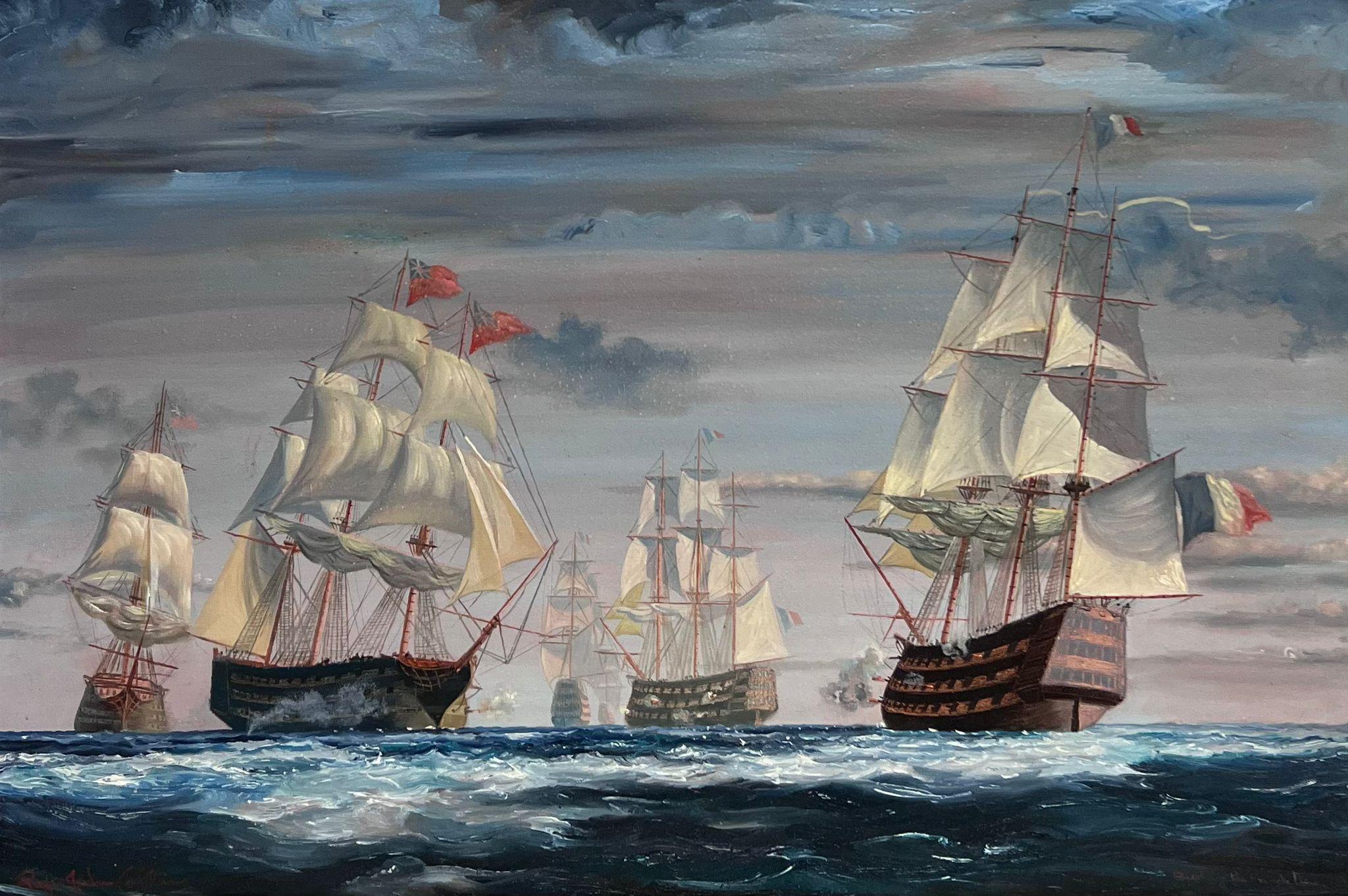 Large British Maritime Naval Battle Engagement at Sea 18th Century Classic Ships - Painting by Roger John Collins