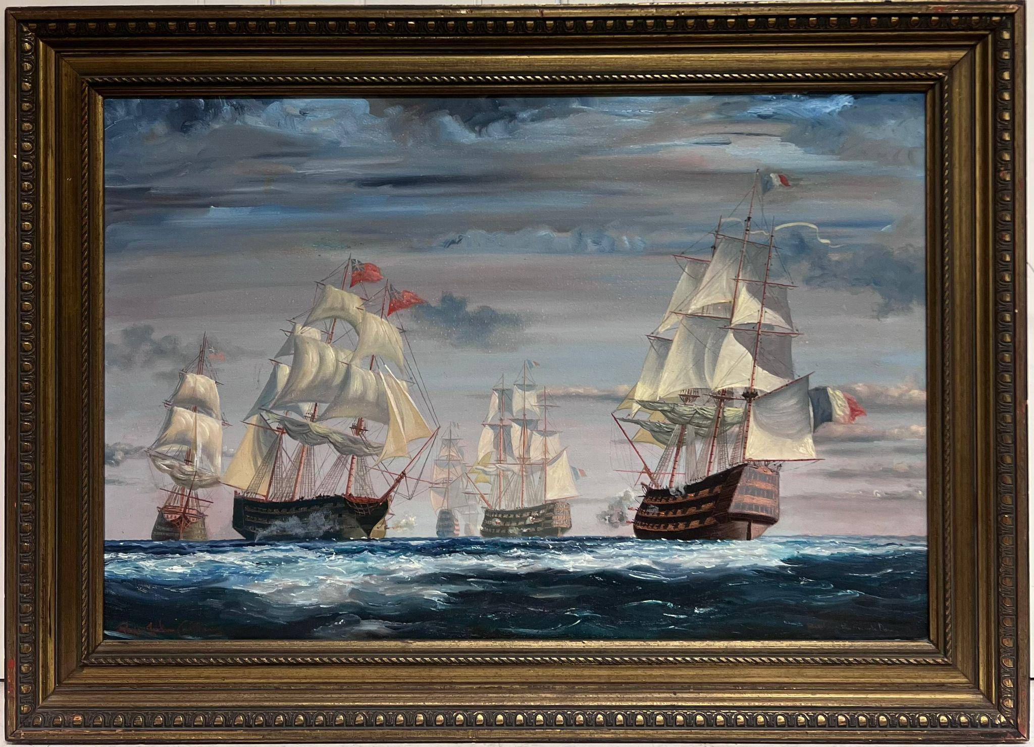 Roger John Collins Landscape Painting - Large British Maritime Naval Battle Engagement at Sea 18th Century Classic Ships