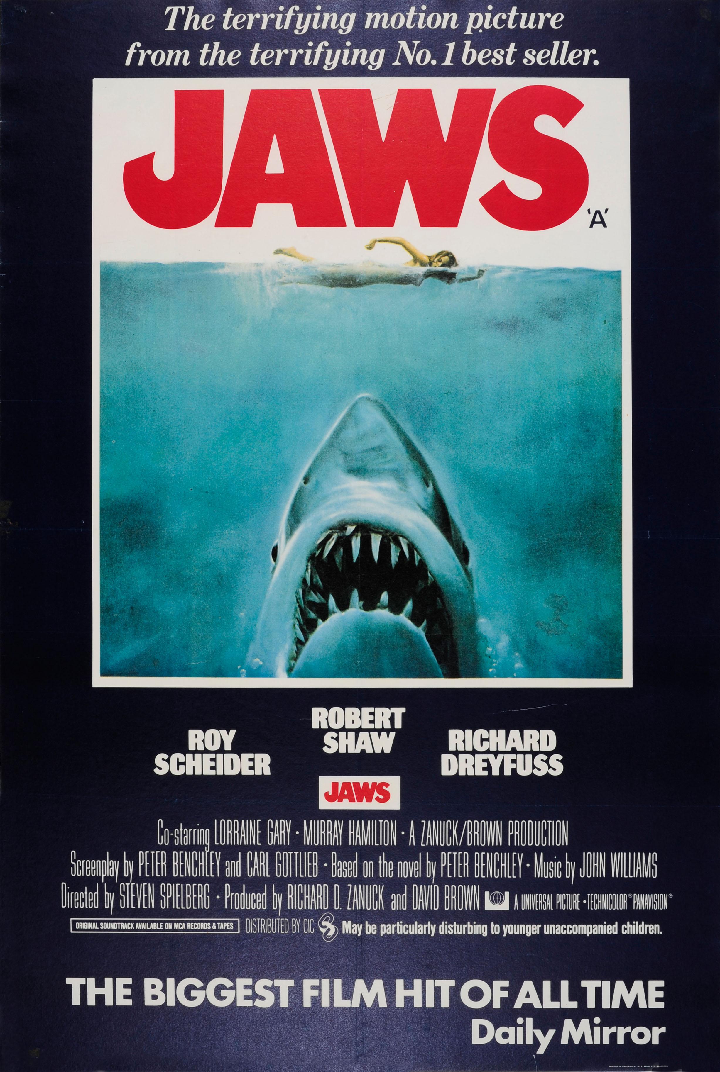 Roger Kastel Print - Original Vintage Steven Spielberg Movie Poster Jaws Iconic Design Shark Swimmer