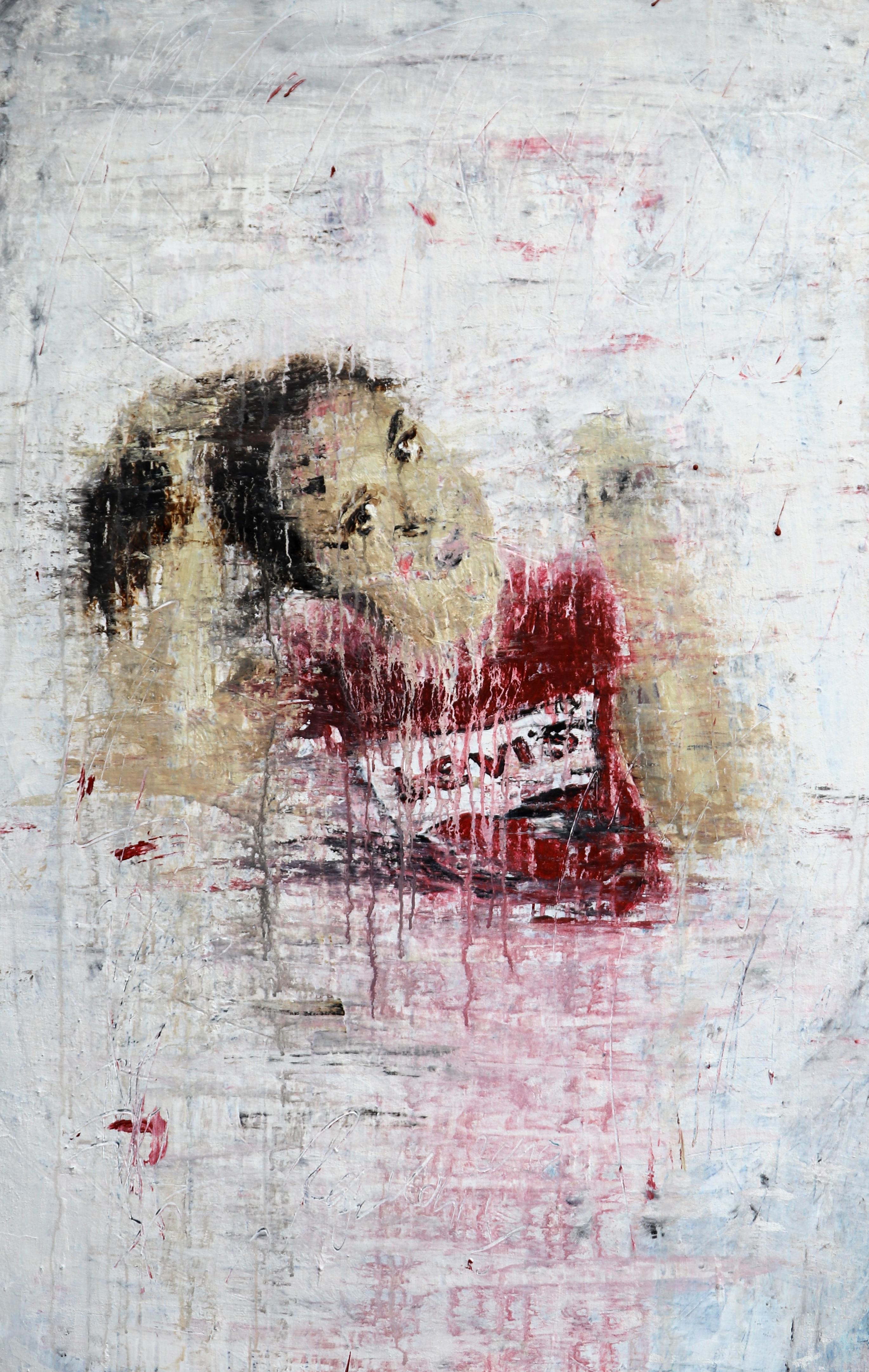 Roger König Figurative Painting – ""1248 Mädchen in einem roten T-Shirt"" Abstraktes, figuratives Gemälde, 21. Jahrhundert, Acryl