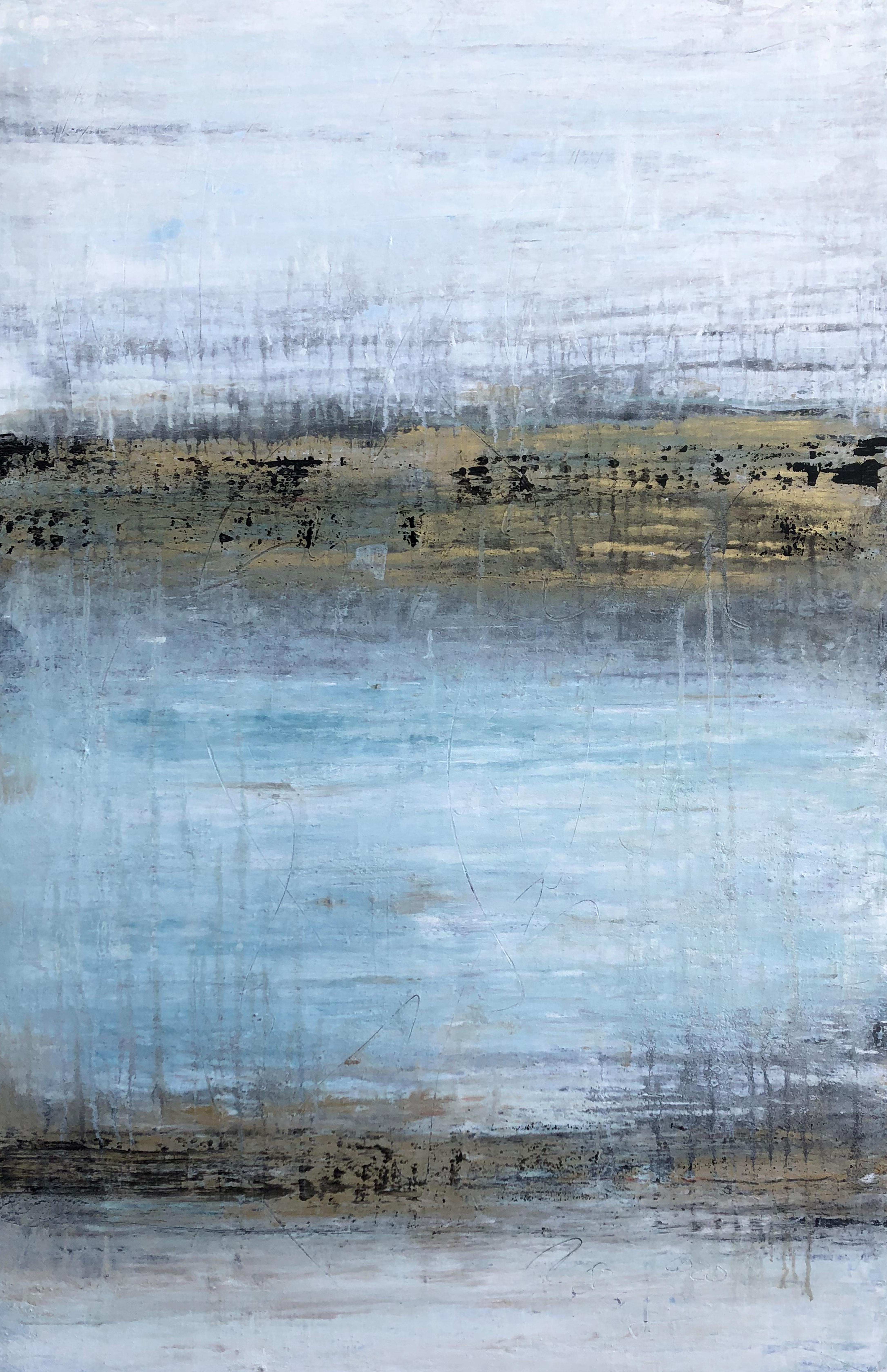 Roger König Landscape Painting - "1369 Gold/White/Turquoise "Landscape, Abstract Painting, 21st Century, Acrylic