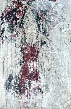 "abstract red girl in the rain " RK83, Abstract, Painting, 21st Century, Acrylic