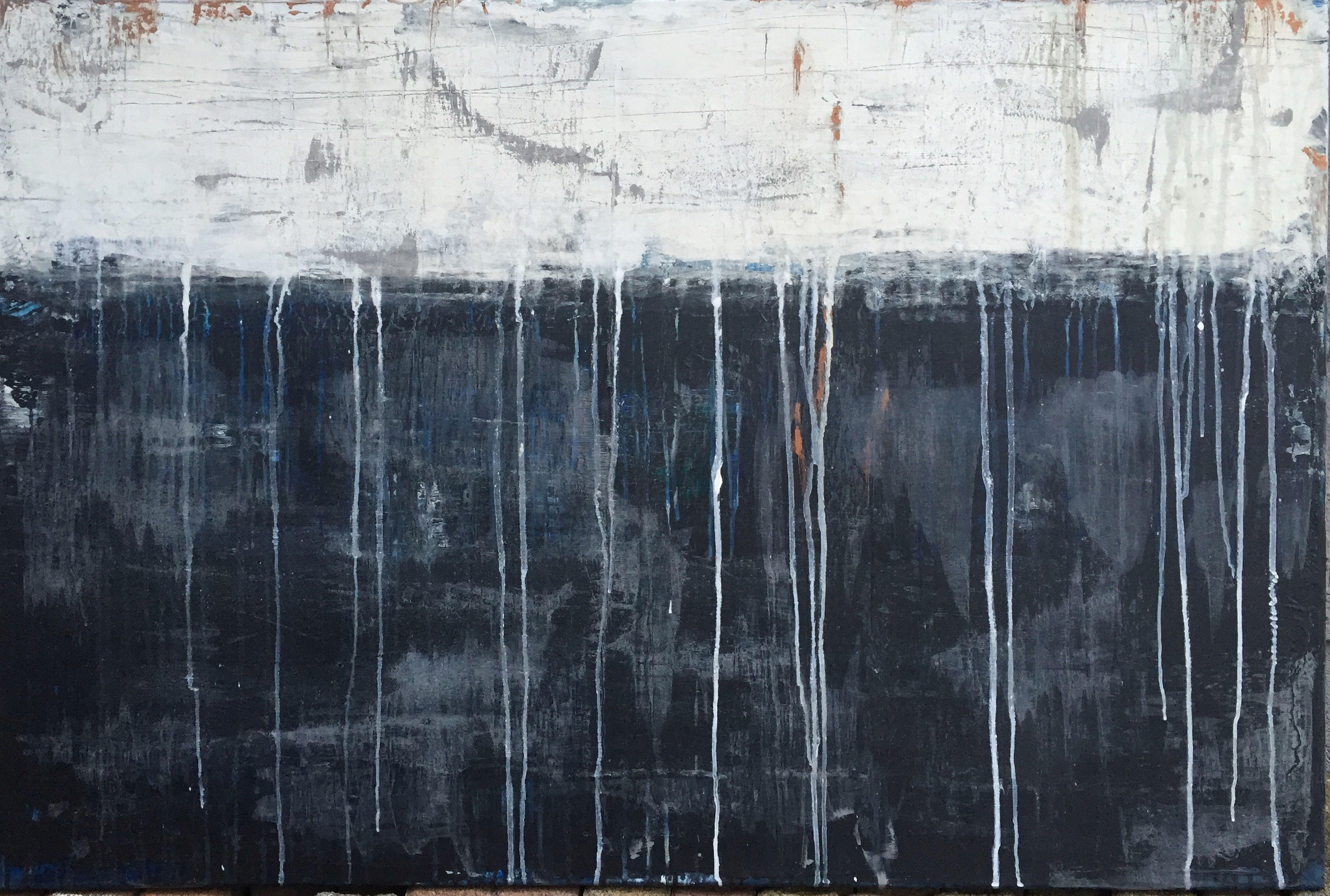 "Antique White Drips/Dark Blue" 1121, Abstract Painting, 21st Century, Acrylic