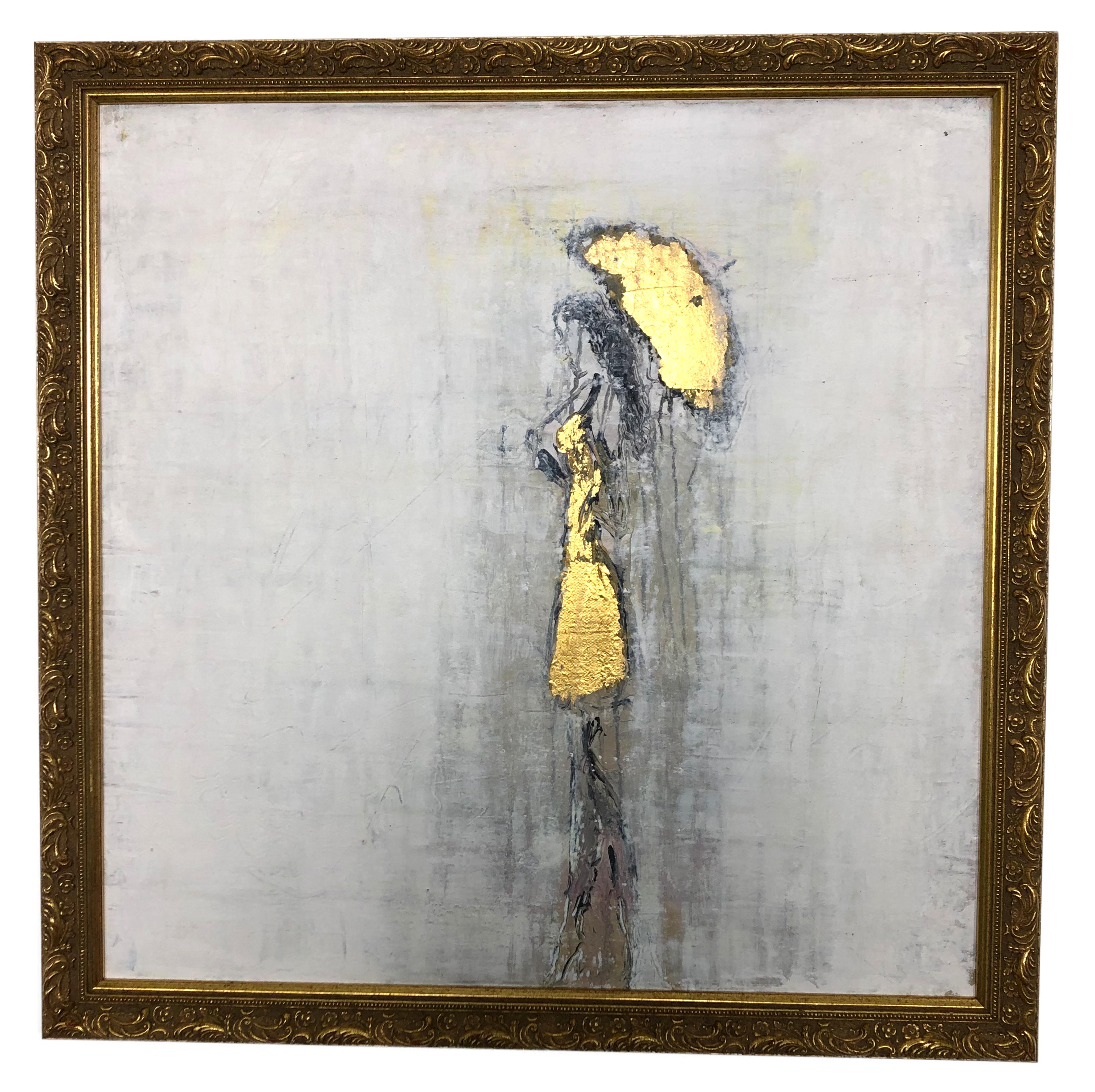 Roger König Figurative Painting - "Girl in the Rain - Gold Edition #1" Abstract, Figurative, 21st Century, Acrylic