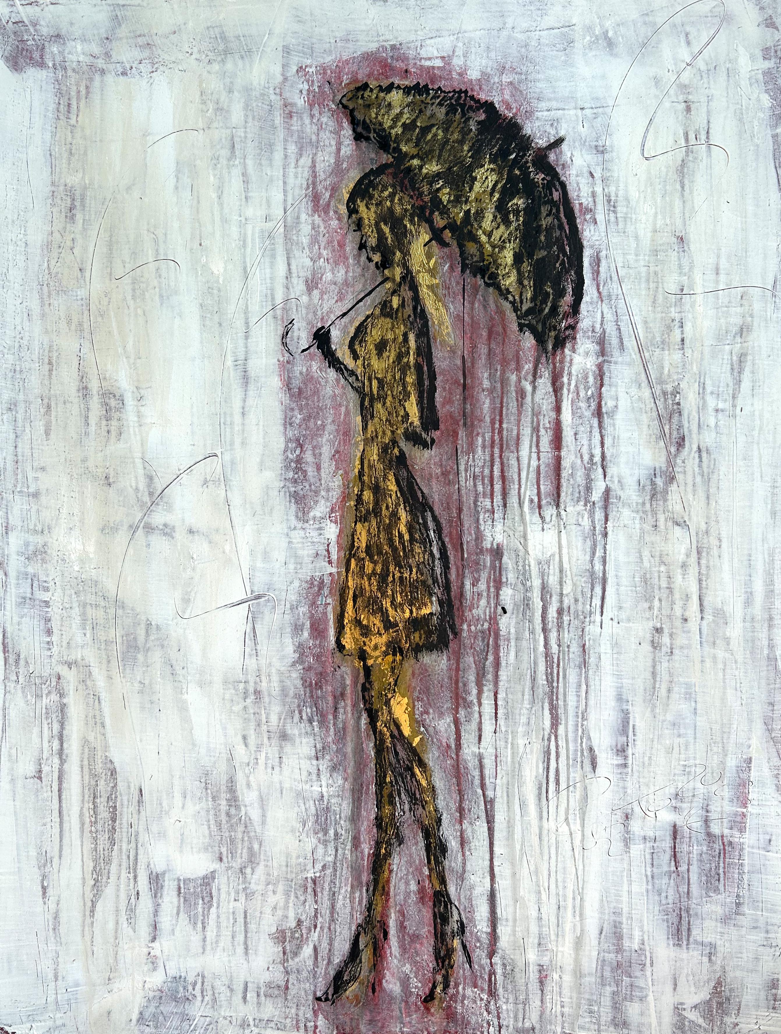 « Girl in the Rain - Gold Edition #5 », abstrait, 21e siècle, acrylique, argile 