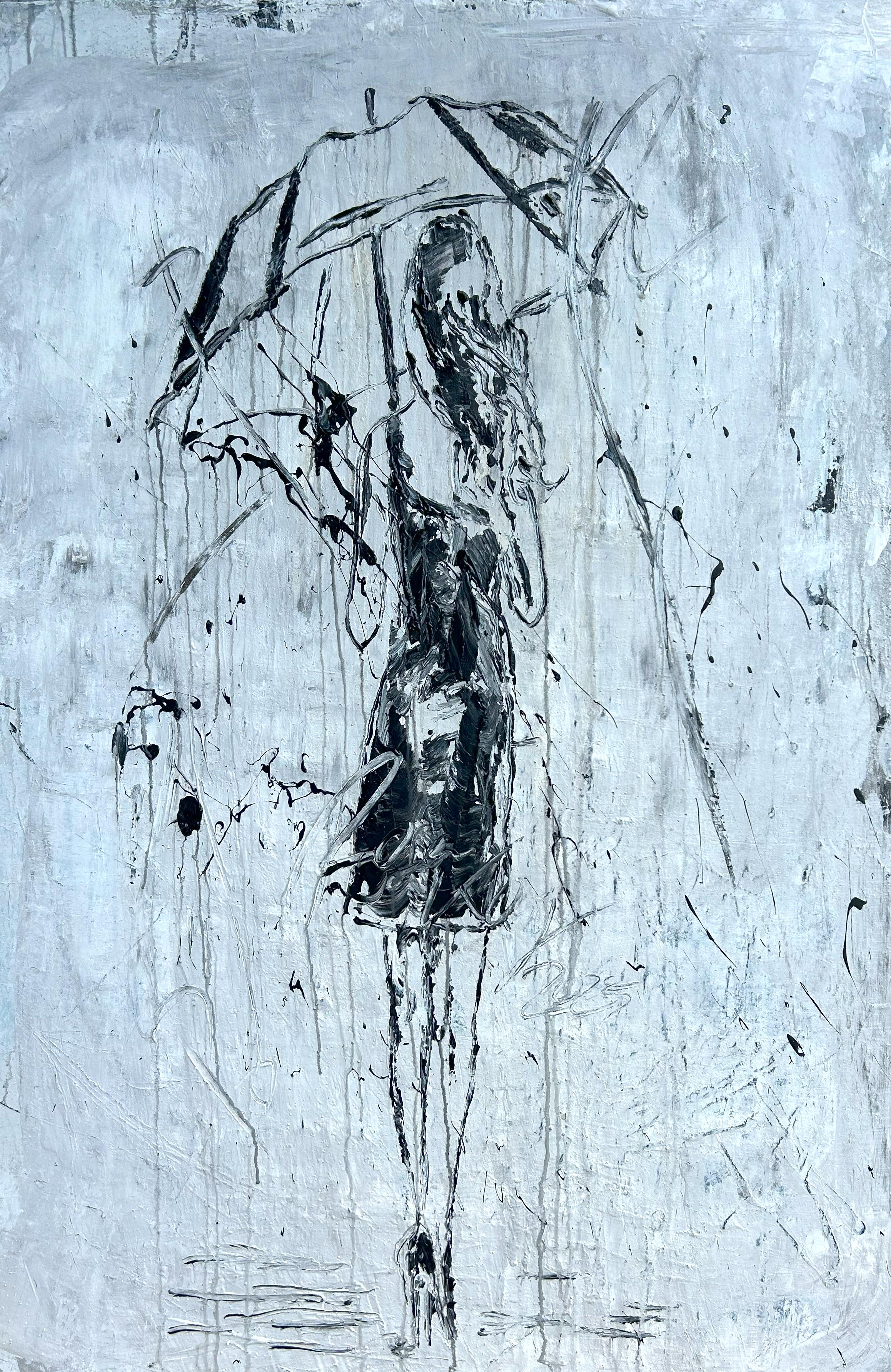 Figurative Painting di Roger König - "Ragazza con ombrello sotto la pioggia " RK3D, Astratto, Pittura, 21° secolo, Acrilico