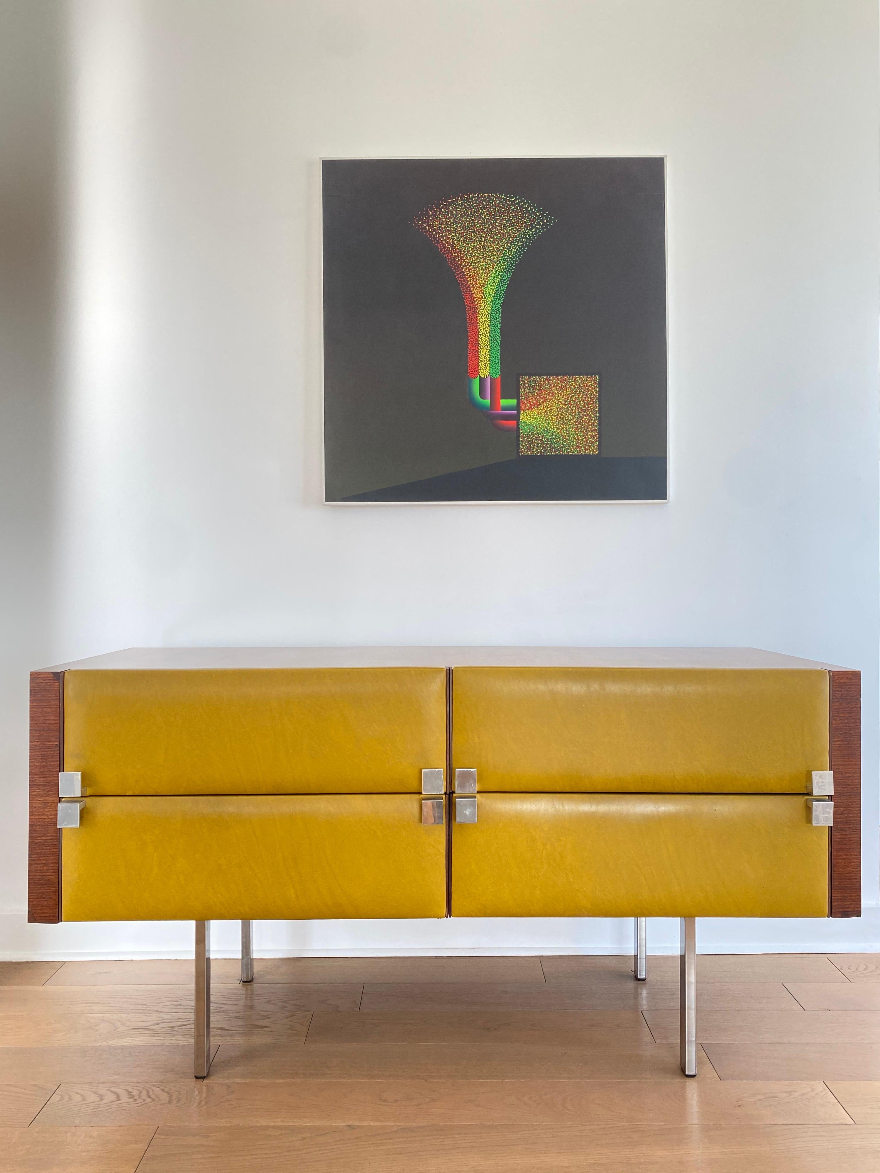 Chest of drawers by Roger Landault with original faux leather
Legs and Handels in chrome
Good vintage condition,
Circa 1960.