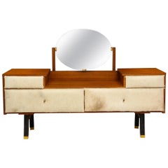 Roger Landault Crème Cowhide Brown Wood Vanity, France, Midcentury, 1950