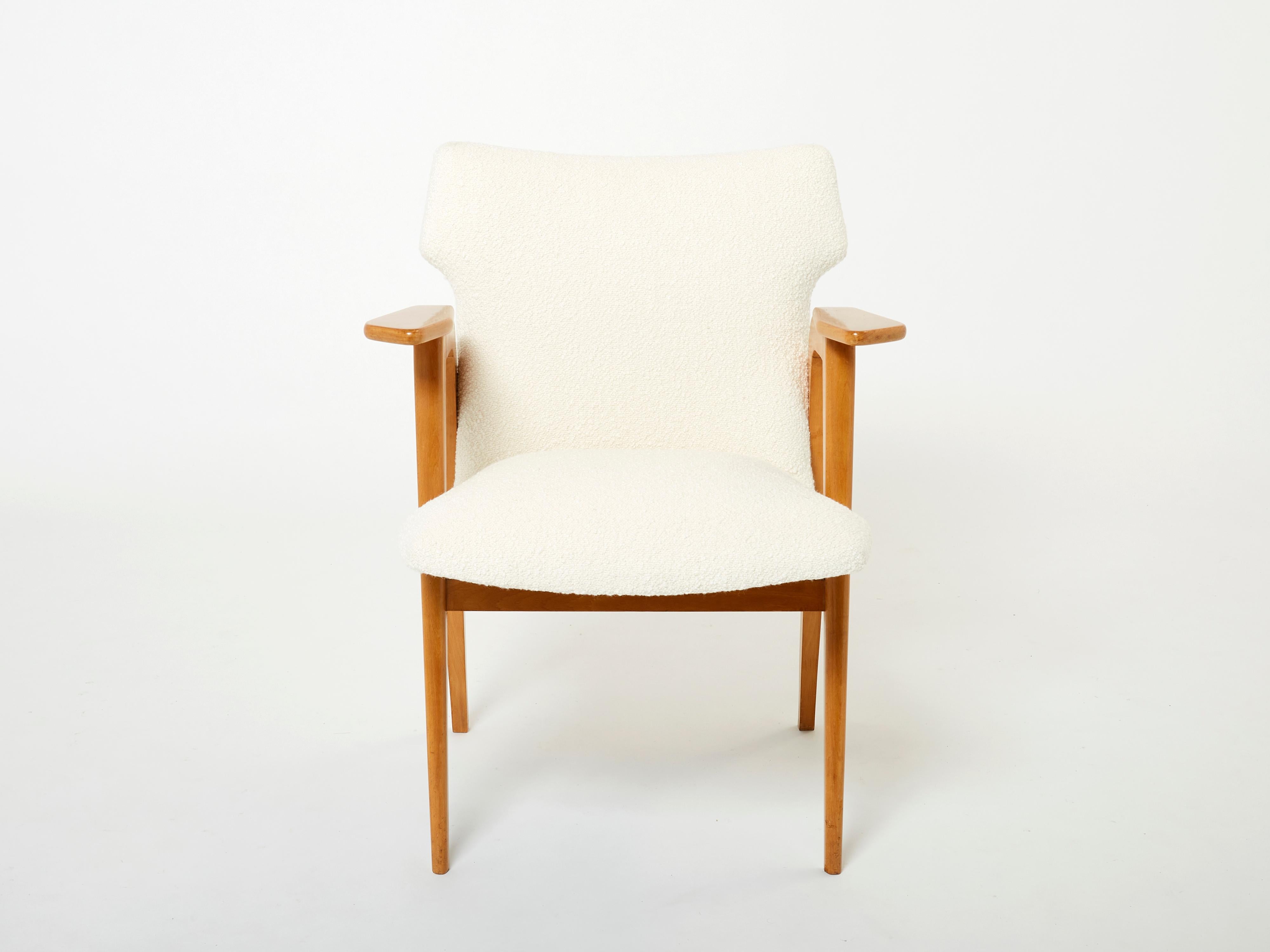 Roger Landault Sillones Compás Roble Francés Lana Bouclé, Años 50 en venta 7