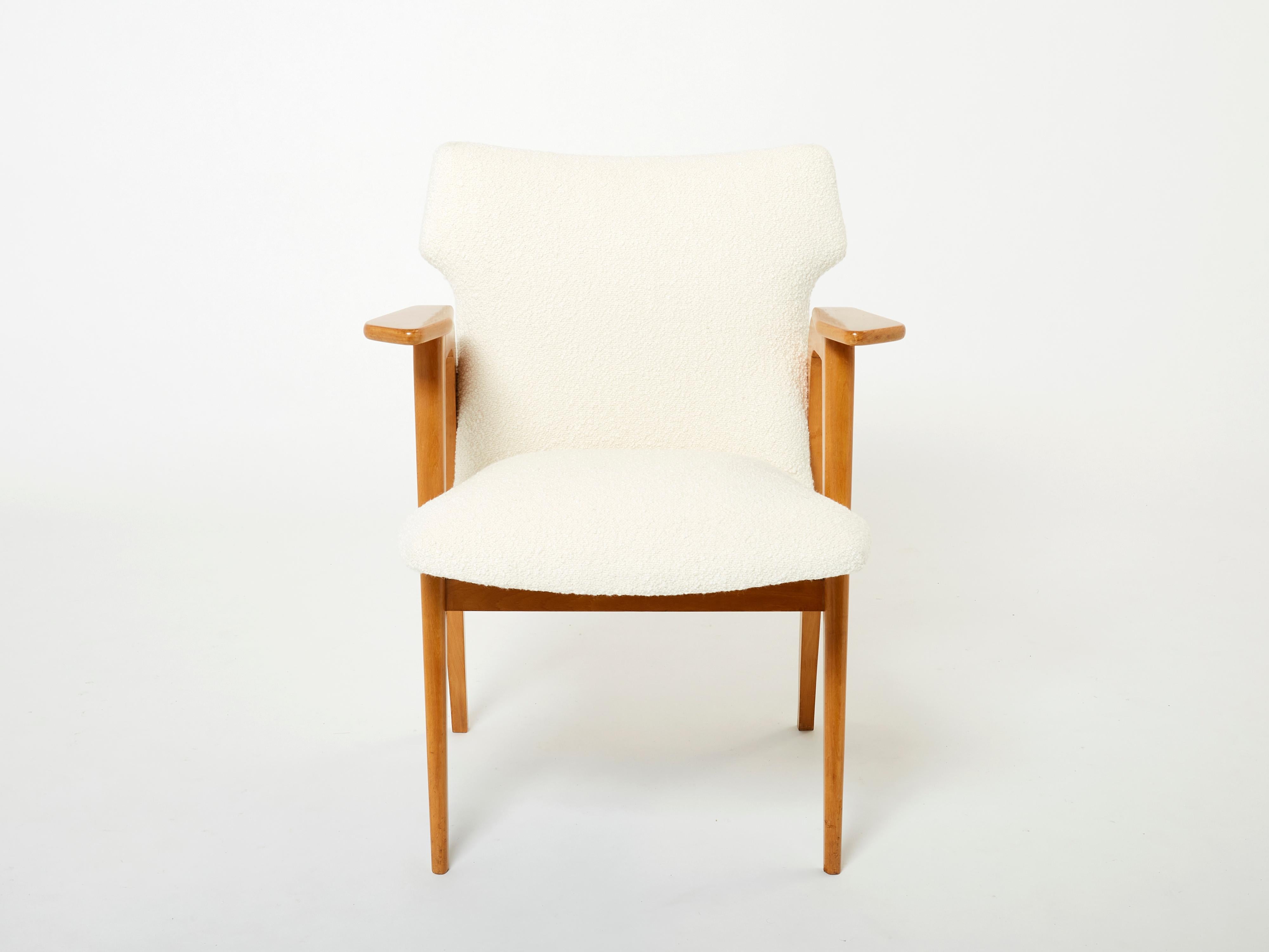 Roger Landault French Oak Compass Armchairs Wool Bouclé, 1950s For Sale 7