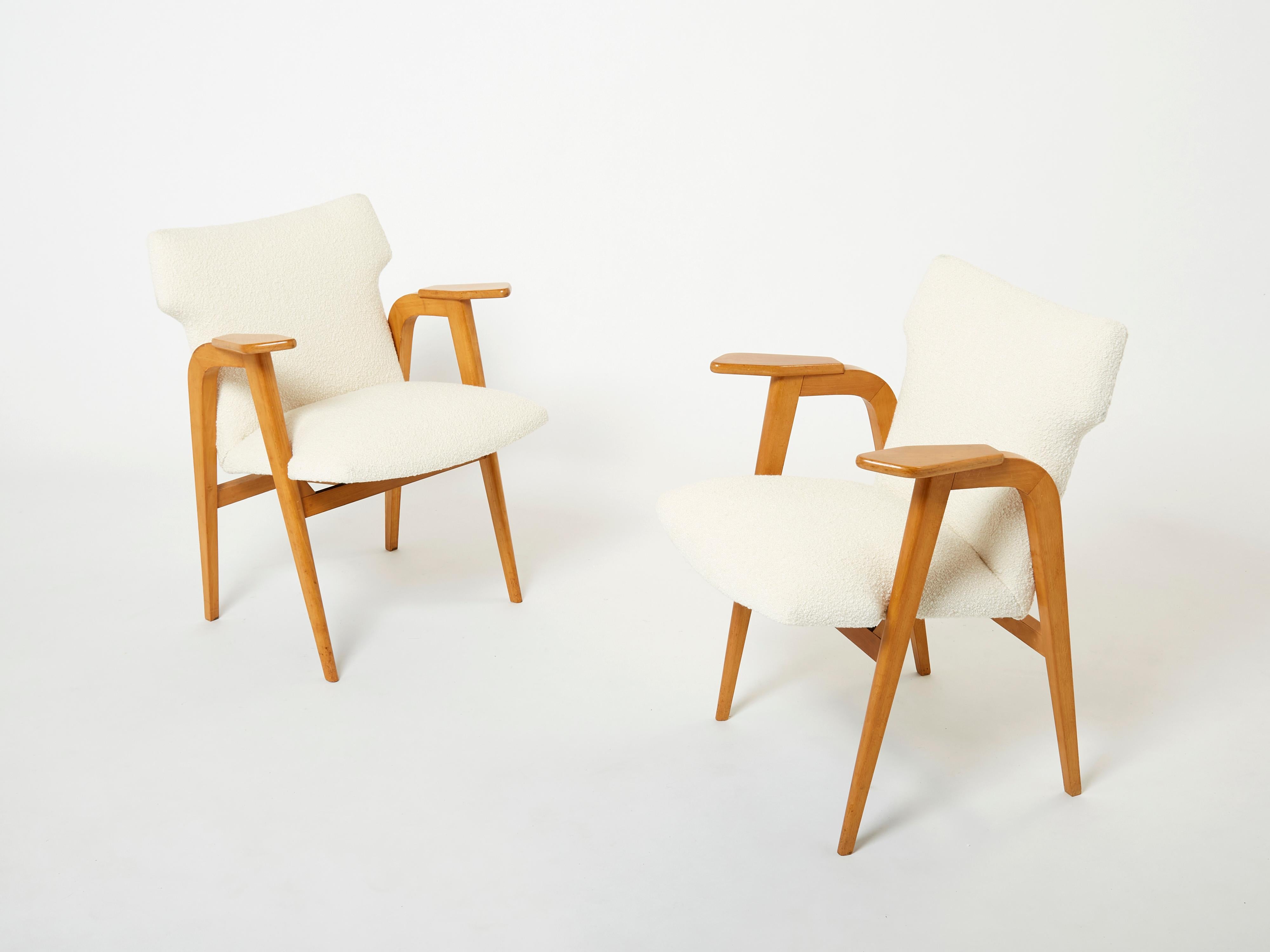 Roger Landault Sillones Compás Roble Francés Lana Bouclé, Años 50 Moderno de mediados de siglo en venta