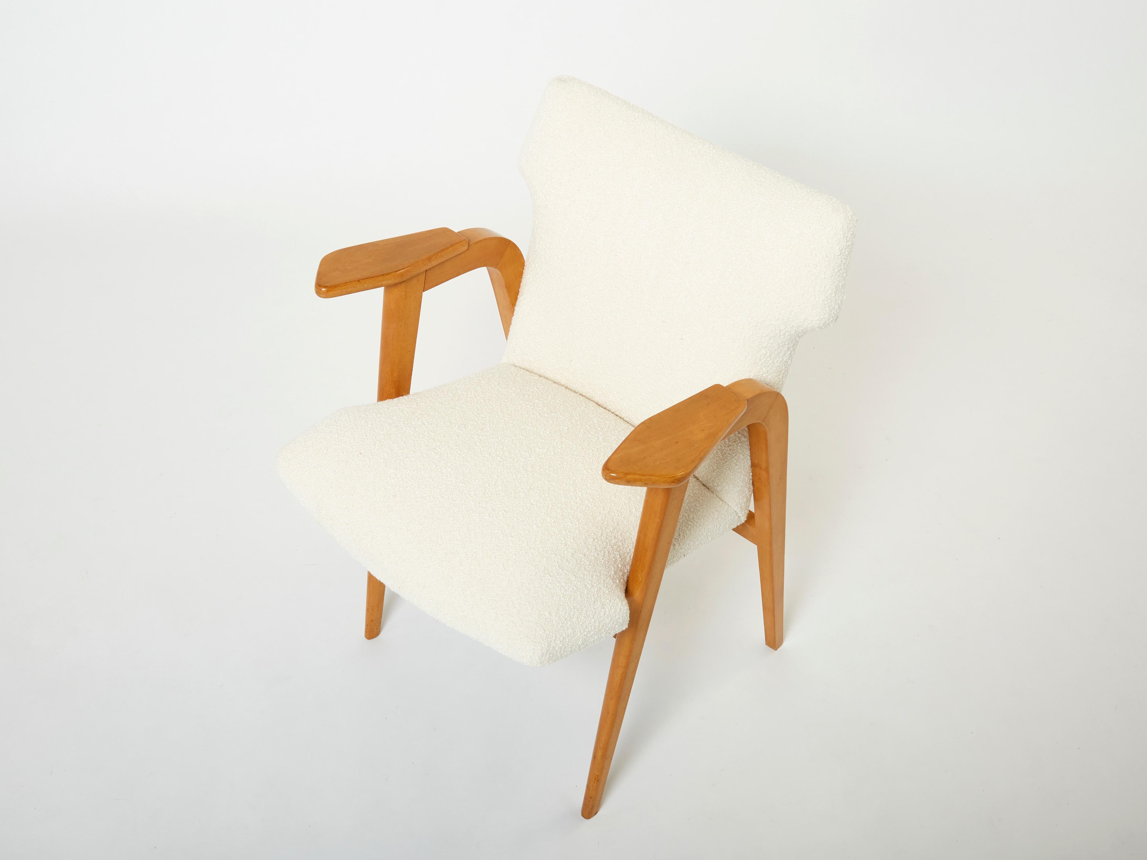 Roger Landault French Oak Compass Armchairs Wool Bouclé, 1950s In Good Condition For Sale In Paris, IDF