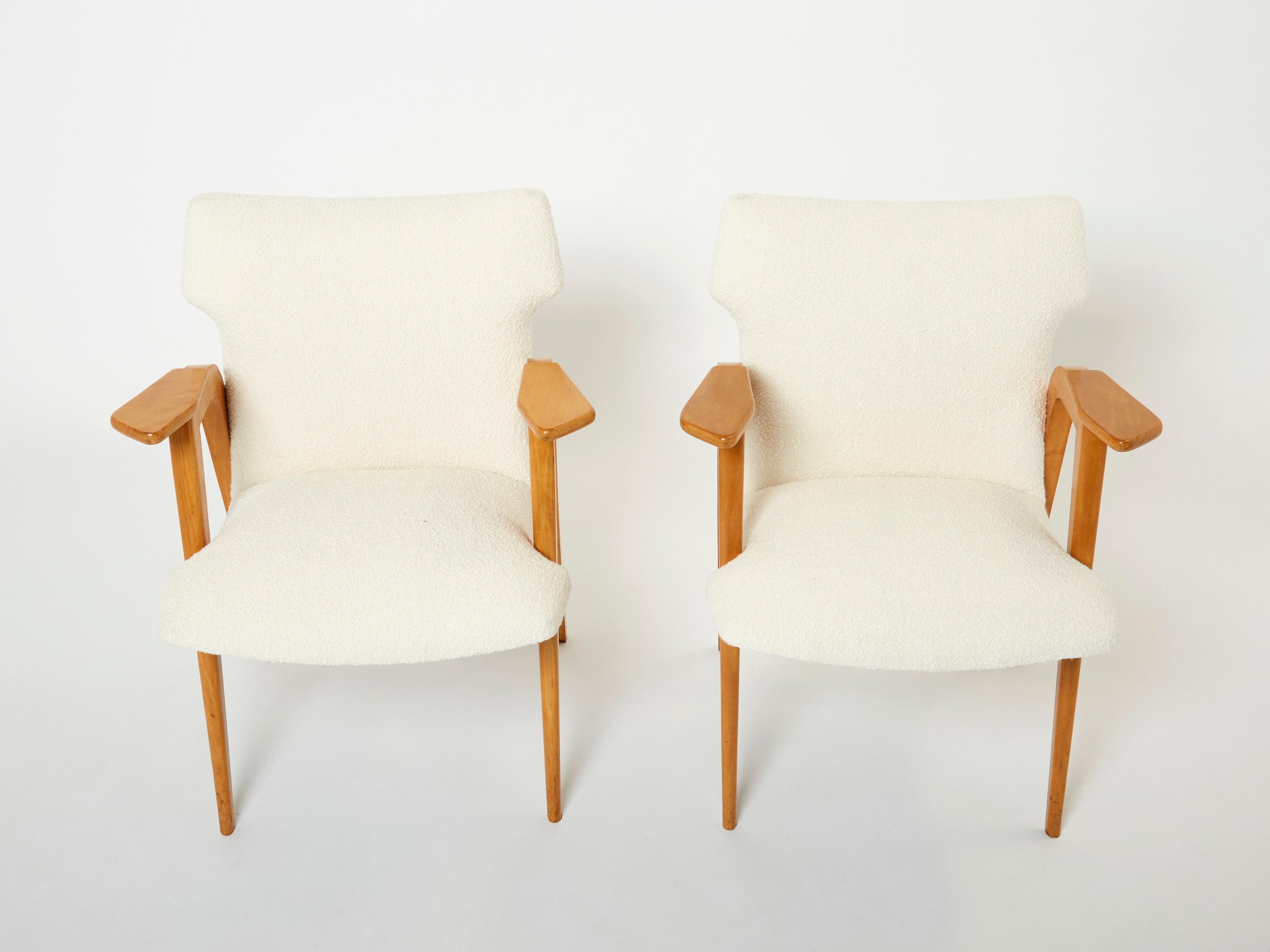 Roger Landault French Oak Compass Armchairs Wool Bouclé, 1950s For Sale 4