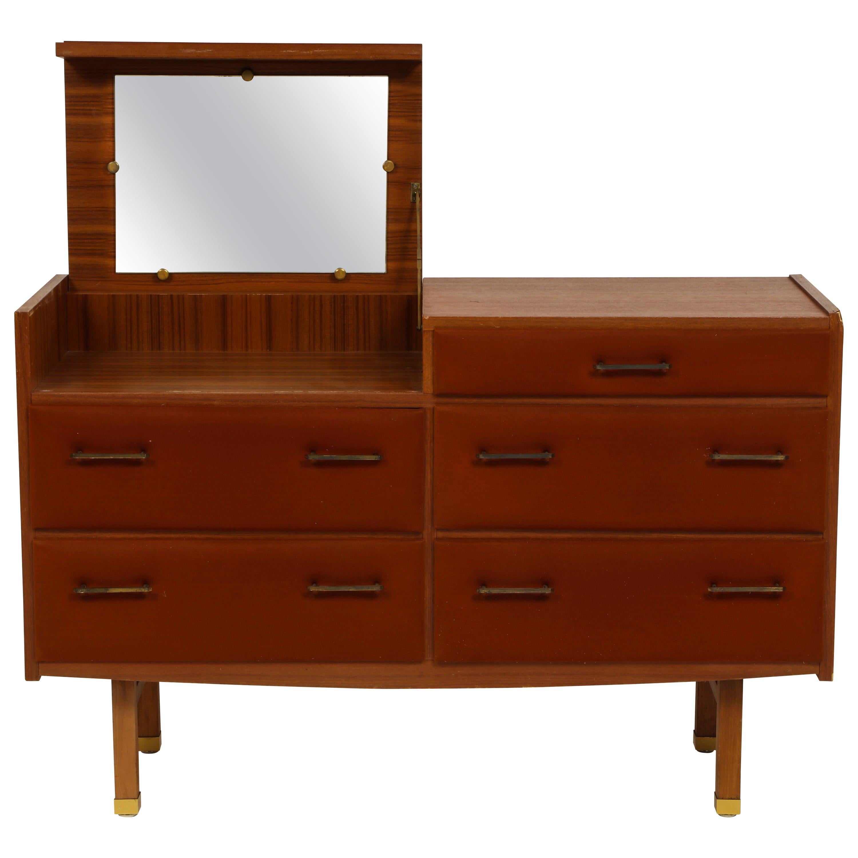 Roger Landault Midcentury Brown Teak Brass Vanity Commode French Modernist, 1960 For Sale